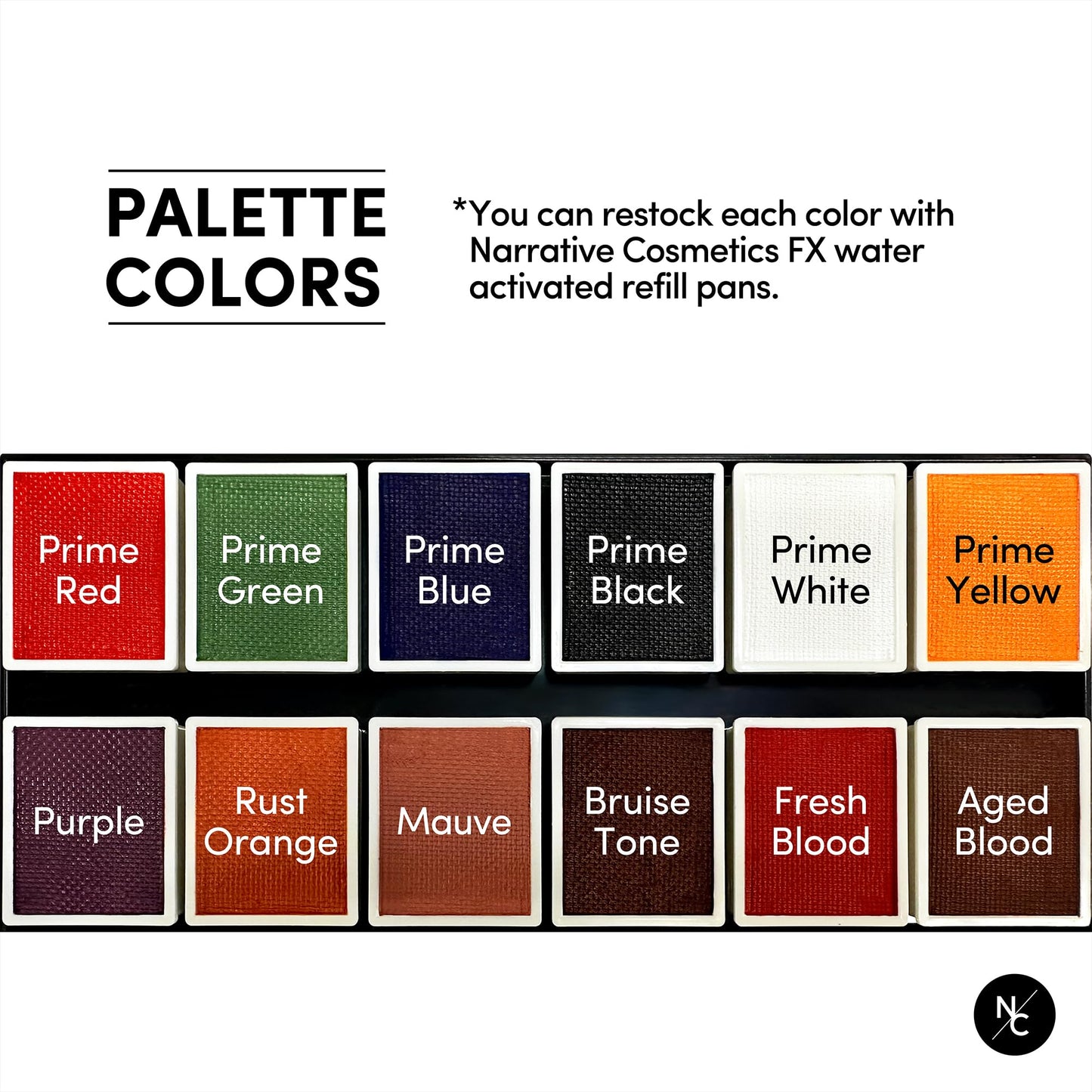 Narrative Cosmetics FX 12-Color Palette - Water-Activated Face & Body Paint for SFX, Theater, Cosplay - High-Pigment, Blendable SFX Makeup