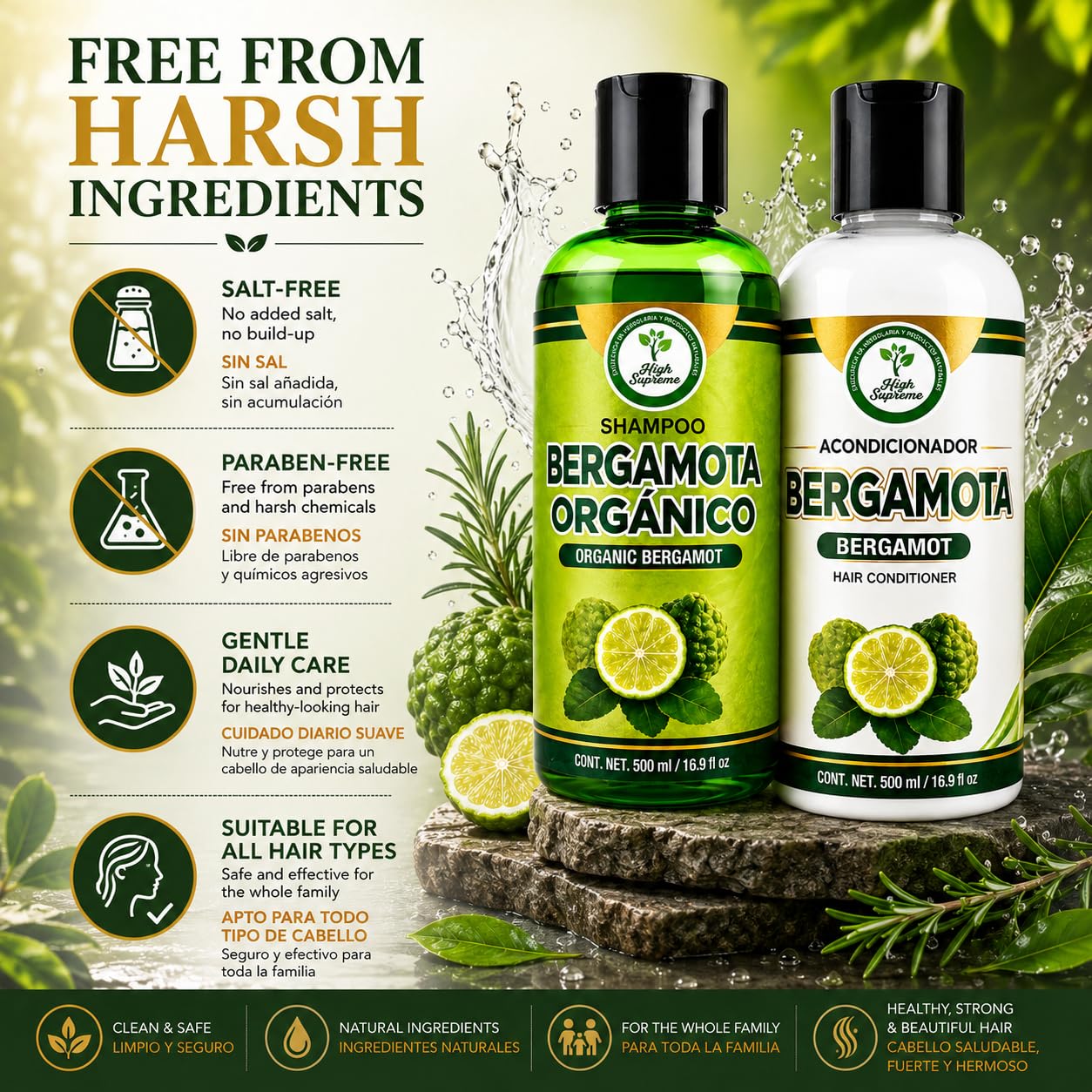 Shampoo Organic Bergamot + Conditioner (16.9 fl oz) with Aloe Vera & Rosemary | SHAMPOO ORGÁNICO BERGAMOTA con Sábila & Romero + Acondicionador - 500
