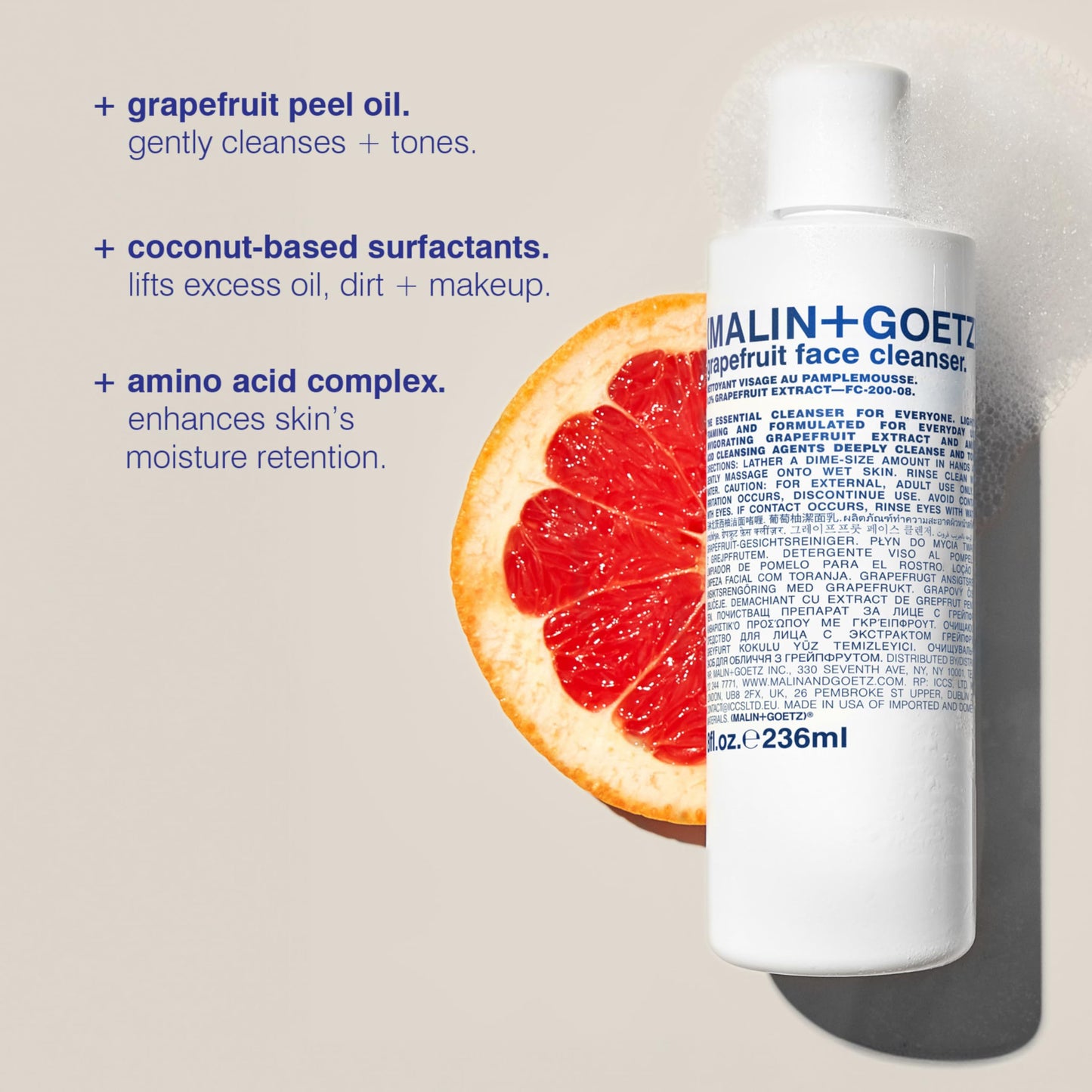 MALIN+GOETZ Grapefruit Face Cleanser | Gentle 3-in-1 Foaming Gel Vitamin-Rich Grapefruit, Amino Acids + Coconut-Based Surfactants | Purifies, Balances