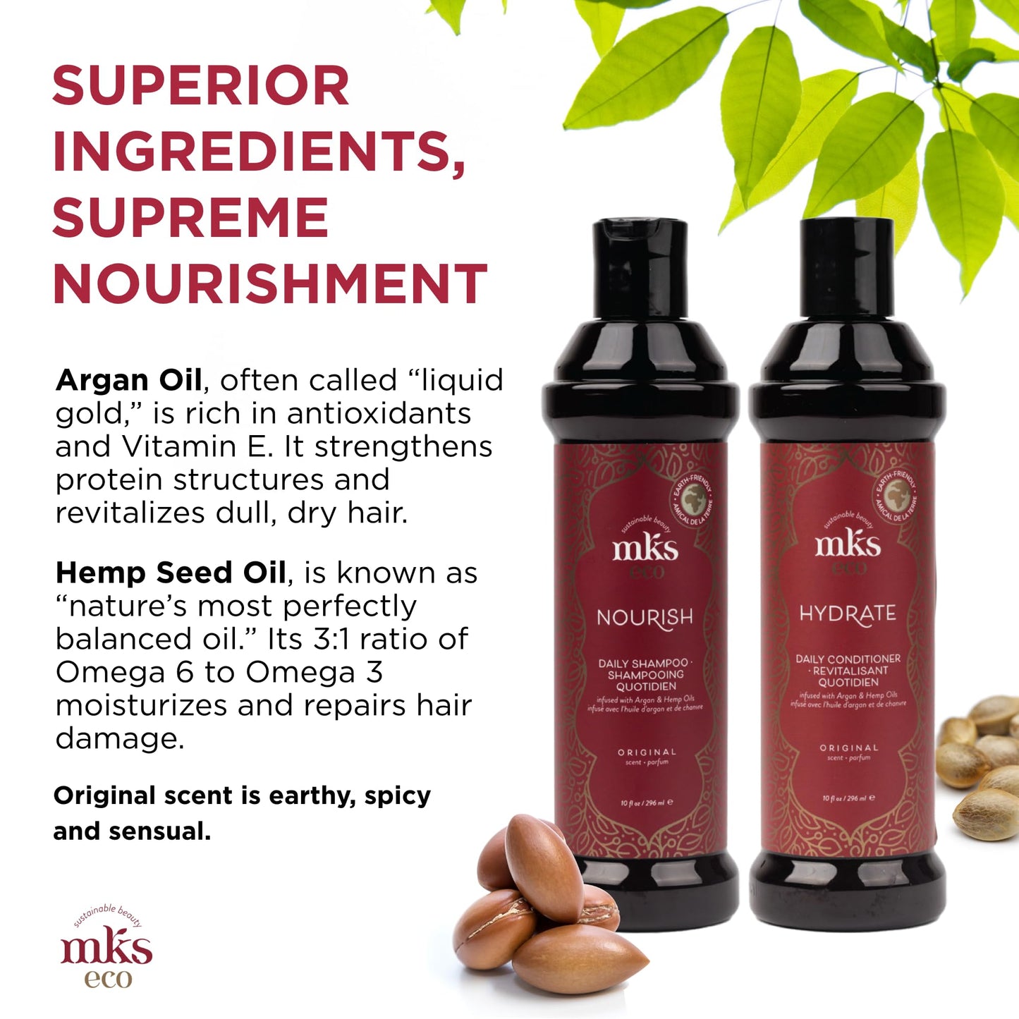 MKS eco Nourish Shampoo, Original Scent (10 fl oz) + MKS eco Hydrate Conditioner, Original Scent (10 fl oz) - Moroccan Argan Oil, Hemp Seed Oil