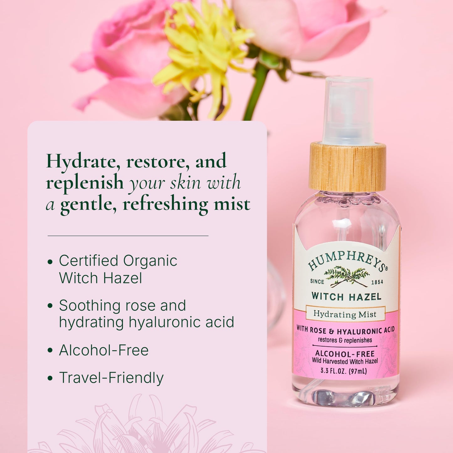Humphreys Witch Hazel Hydrating Toner Mist Spray | Balancing & Hydrating Facial Toner | Alcohol-Free | Wild Harvested Witch Hazel | Soothing Rose
