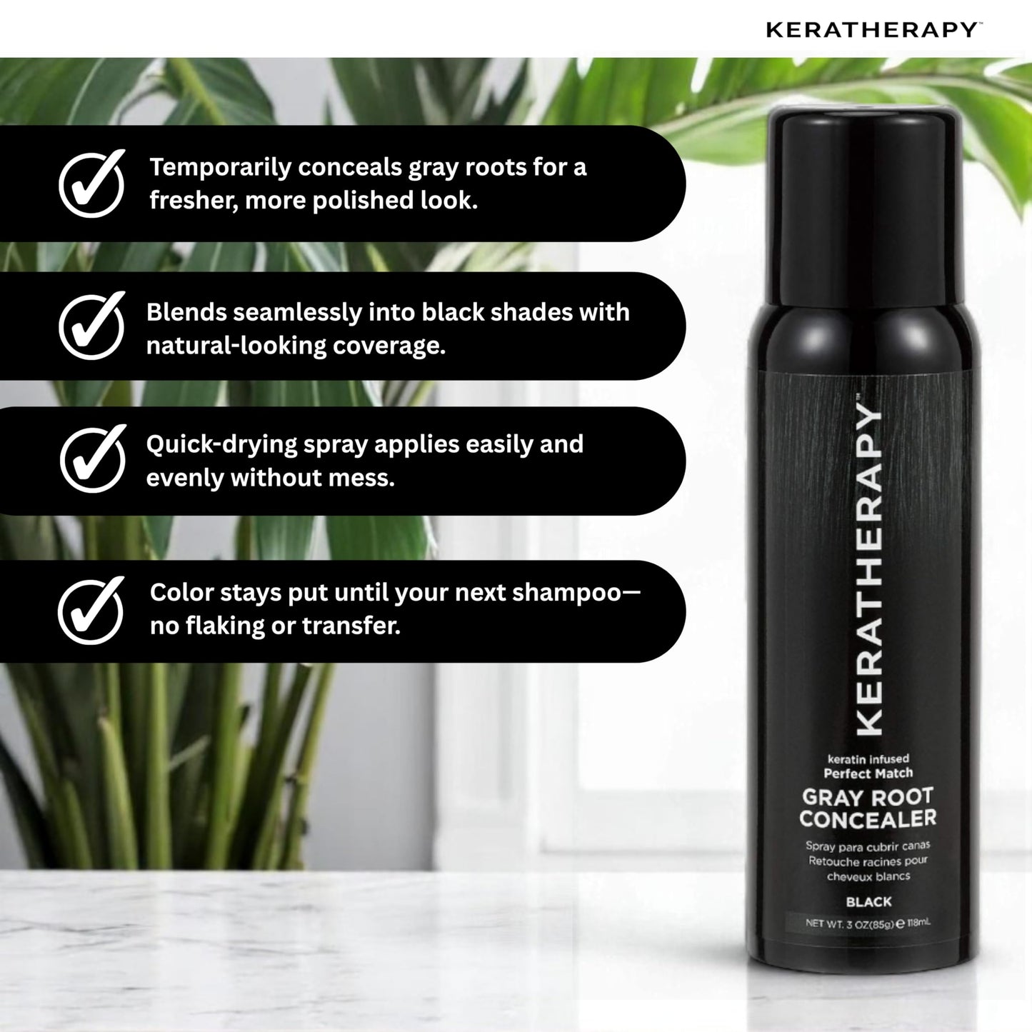 Keratherapy Keratin Infused Perfect Match Gray Root Concealer Spray, Black, 3 oz, 118 ml - Root Cover Up Spray to Hide Gray Roots - Keratin Therapy