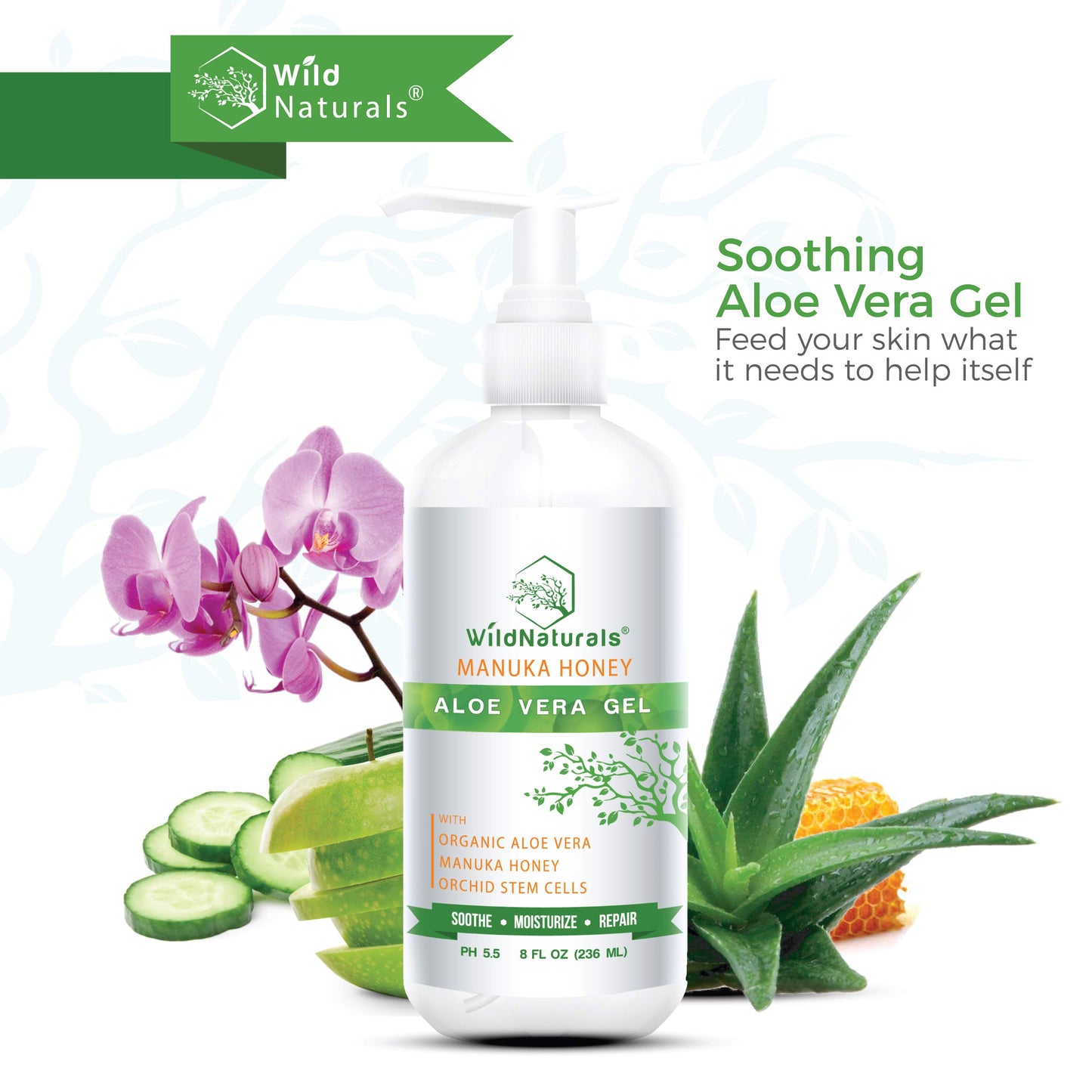 Wild Naturals 100% Pure Aloe Vera Gel with Manuka Honey - Organic Gel for Sunburn Relief, Acne, Scars & Dry Scalp - Moisturizing Gel for Face, Hair