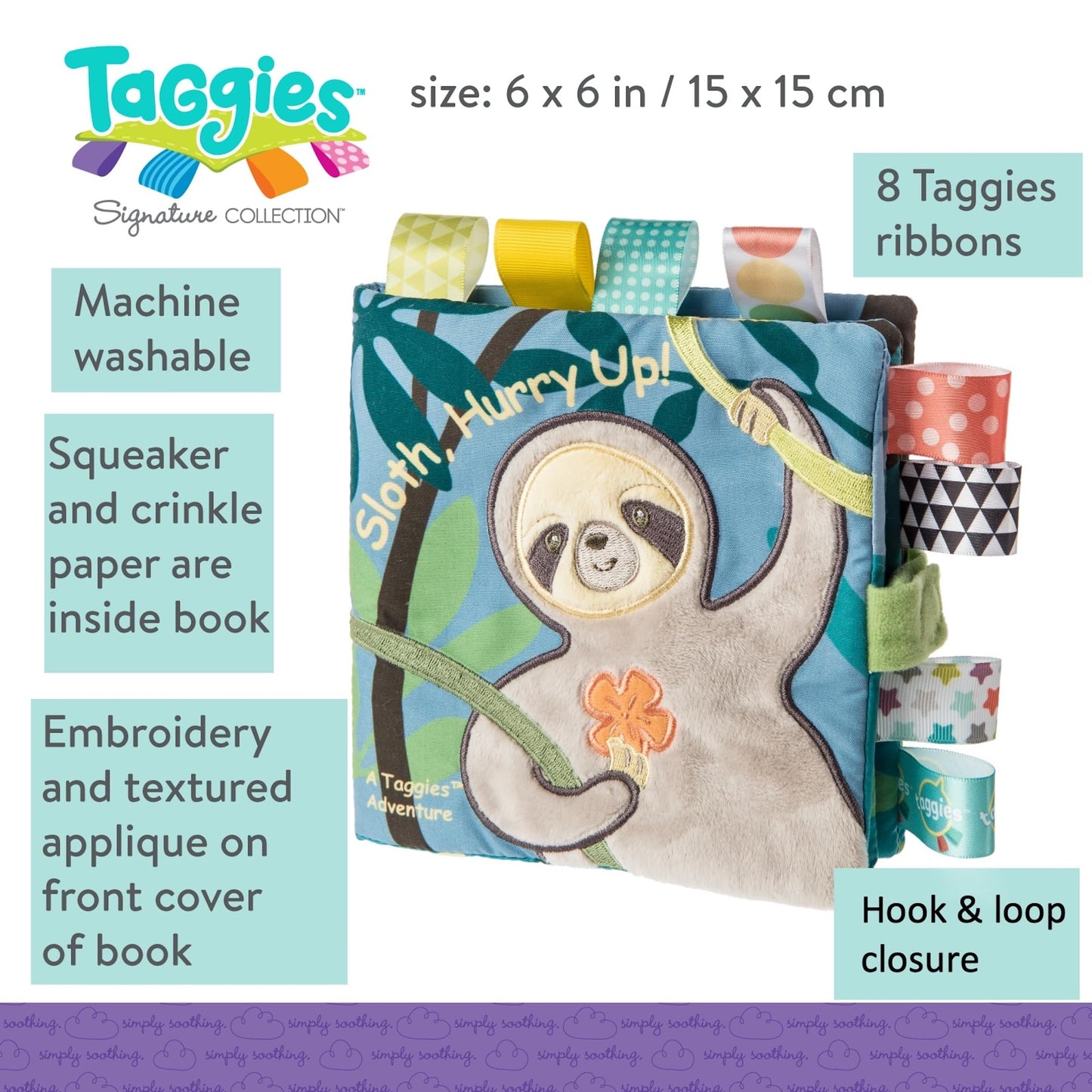 Taggies Touch & Feel Soft Cloth Book with Crinkle Paper & Squeaker, Molasses Sloth