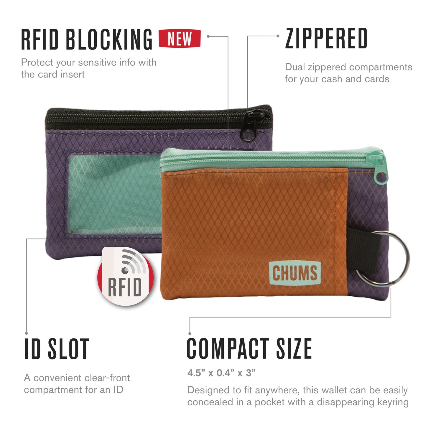 Chums Surfshorts Wallet – Lightweight Minimalist Zippered Wallet with Clear ID Window, Water-Resistant with Key Ring, Rainbow Tie Dye