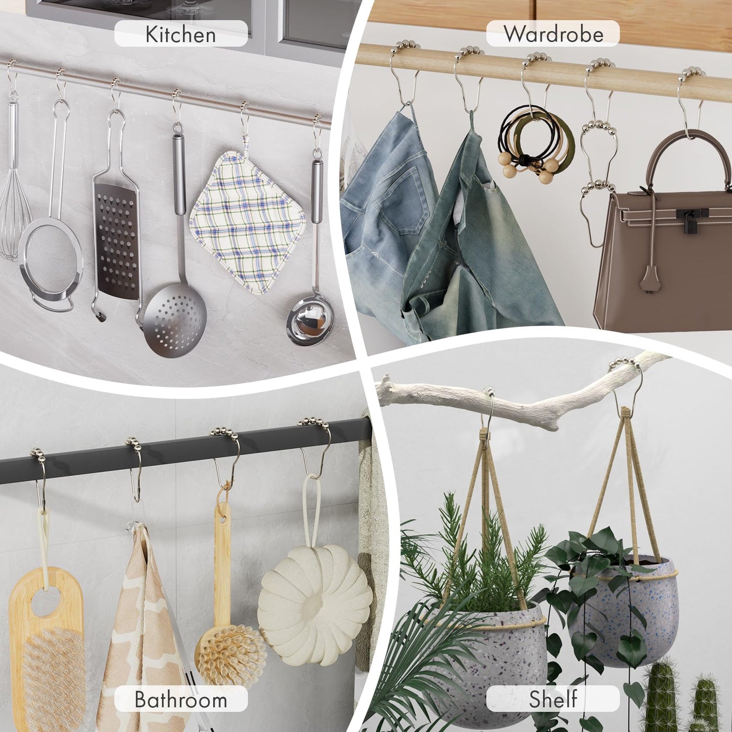 Amazer Shower Curtain Hooks, Decorative Rust Proof Stainless Steel Shower Curtain Hooks for Bathroom Shower Rods Set of 12, Polished Nickel