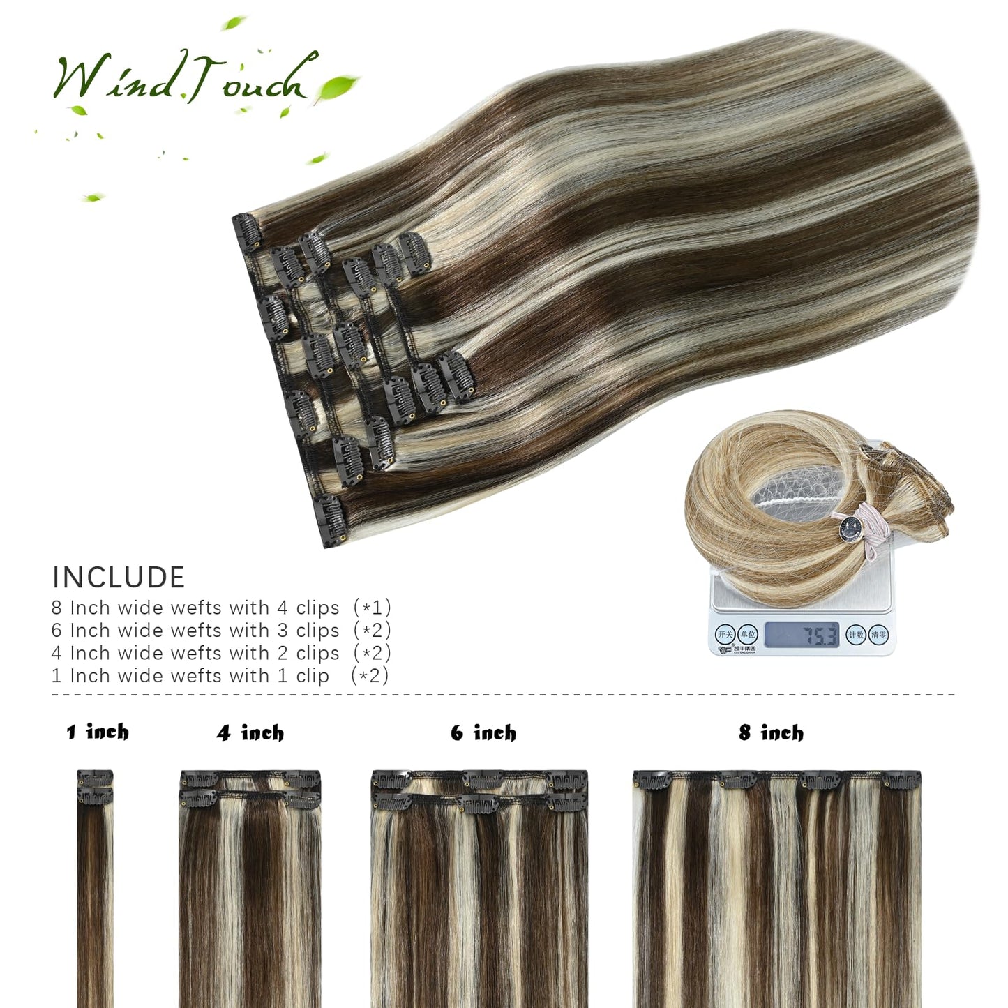 WindTouch Clip In Hair Extensions Human Hair Medium Brown to Blonde Balayage Highlights for Brown Remy Hair 18Inch 75g #4P613 7PCS