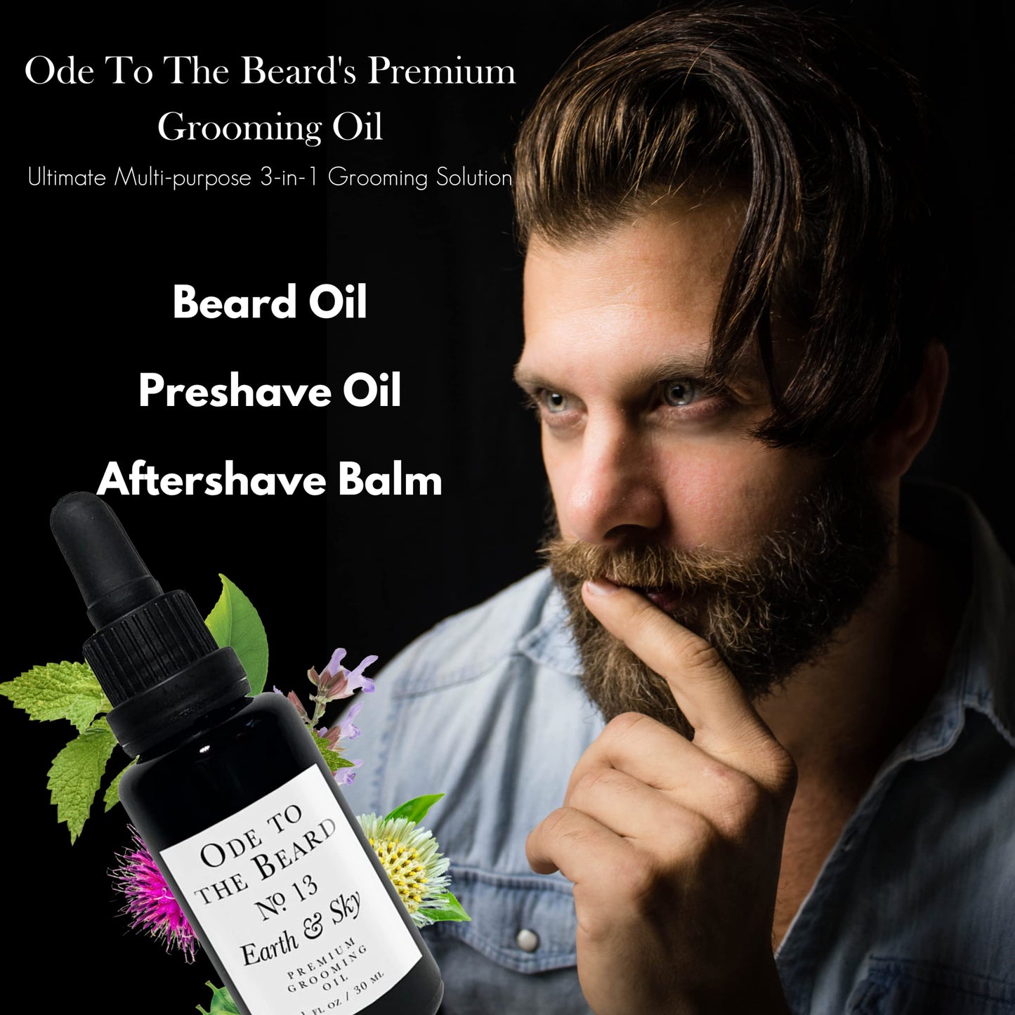 USDA Organic Beard Oil For Men, 3-in-1 Premium Grooming Oil with Argan Oil, Jojoba Oil, and More, For Beard Growth and Beard Wash - Ode To The Beard