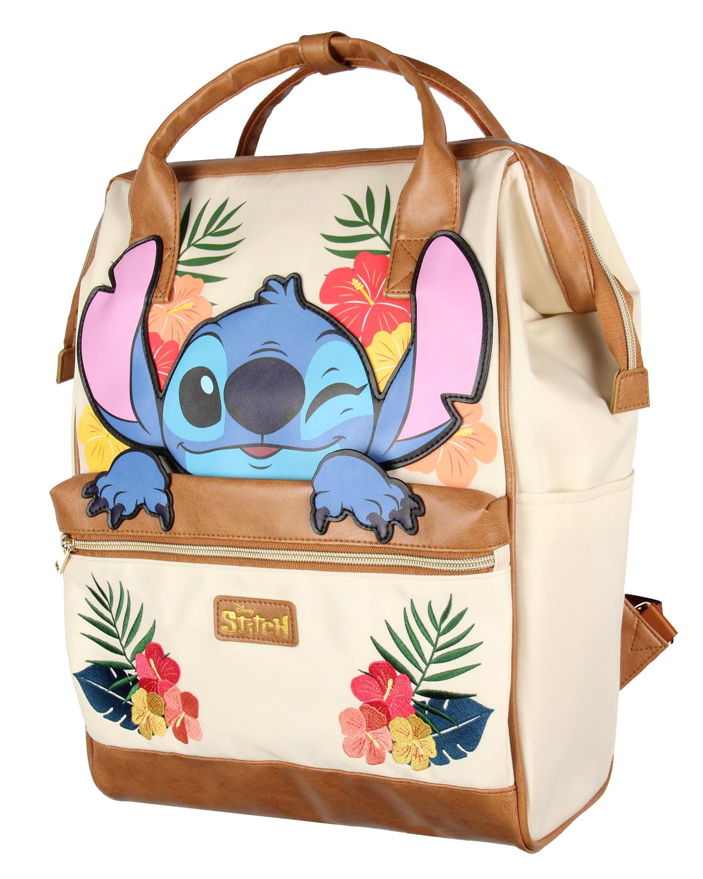 Disney Lilo And Stitch Backpack 3D Character Embroidered Floral Design Faux Leather Travel Tote Bag