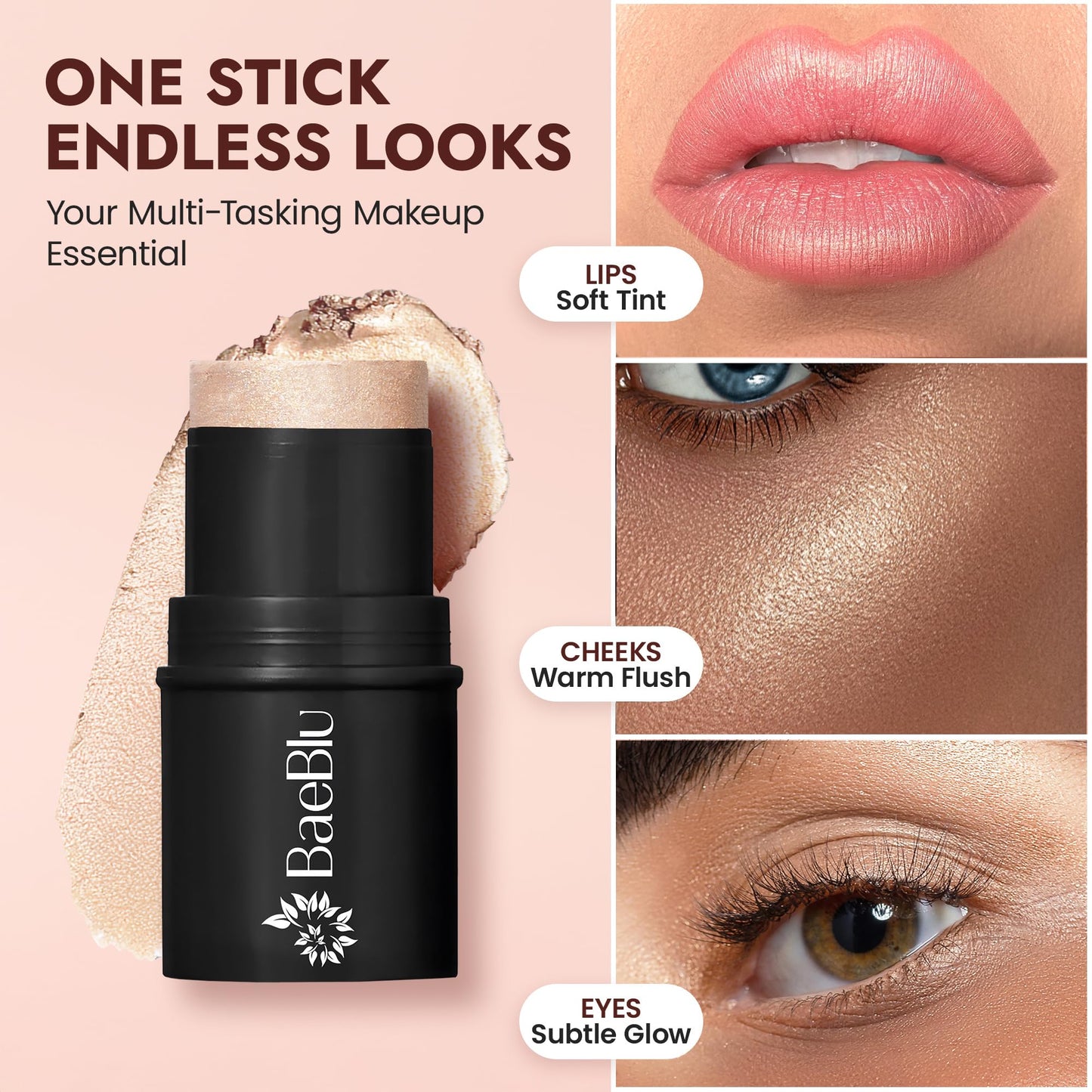 BaeBlu - Organic Blush Tube, Chardonnay - 100% Natural Vegan Cream Blush Sticks, Multi-Use Bronzer, & Highlighter for Lips, Cheeks & Eyes, Buildable