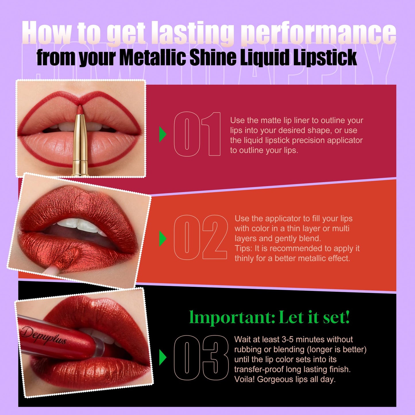Depuplum Plum Metallic Lipstick and Lip Liner Combo Makeup 2-in-1 Shimmer Glitter Lipsticks for Women Metallic Lip Gloss Stain Burgundy Long Lasting