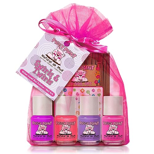 Piggy Paint | 100% Non-Toxic Girls Nail Polish | Safe, Cruelty-free, Vegan, & Low Odor for Kids | Swirls & Twirls (4 Polish + Nail Art Gift Set)