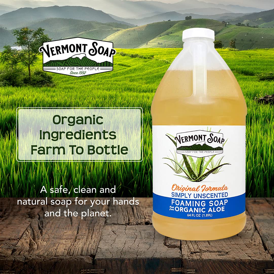 VERMONT SOAP Organic Unscented Foaming Hand Soap - Natural Moisturizing Soap for Dry Skin - Fragrance Free Liquid Bathroom Hand Soap - Simply