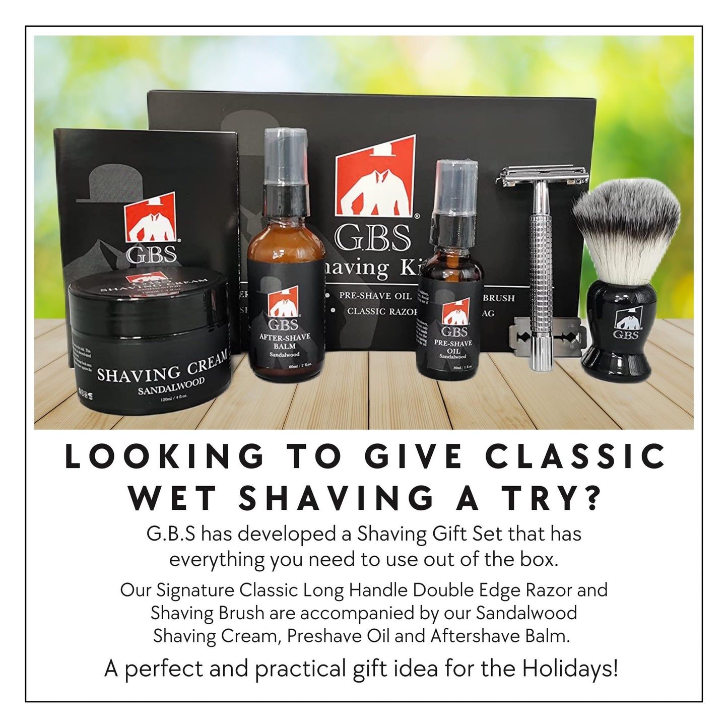 GENTS Complete Shaving Kit Gift Set for Men - Safety Razor with Sandalwood Shave Cream, Aftershave Balm, Pre-Shave Oil & Brush - Chriistmas Gift Beauty and Personal Care G.B.S
