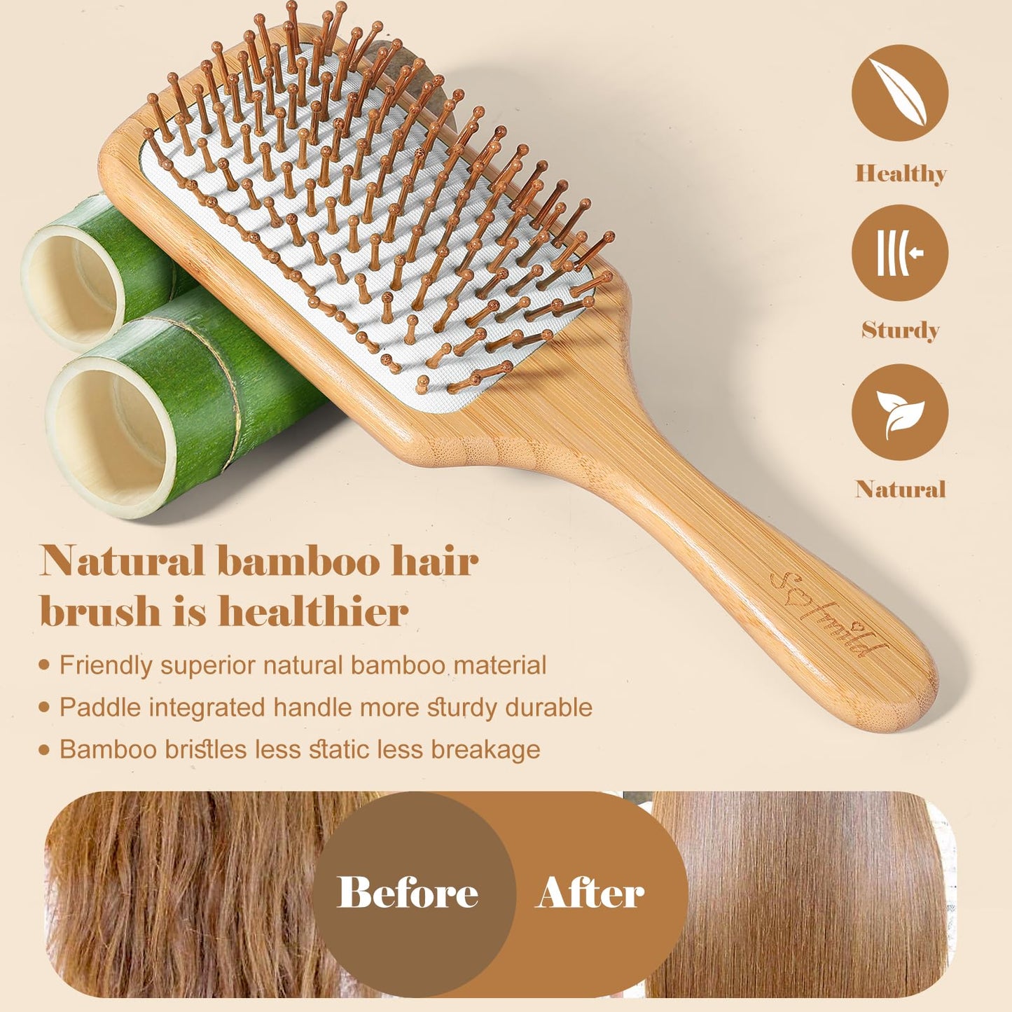 Hair Brush-Natural Wooden Bamboo Brush and Detangle Tail Comb, Paddle Hairbrush for Women Men and Kids Make Thin Long Curly Hair Health and Massage