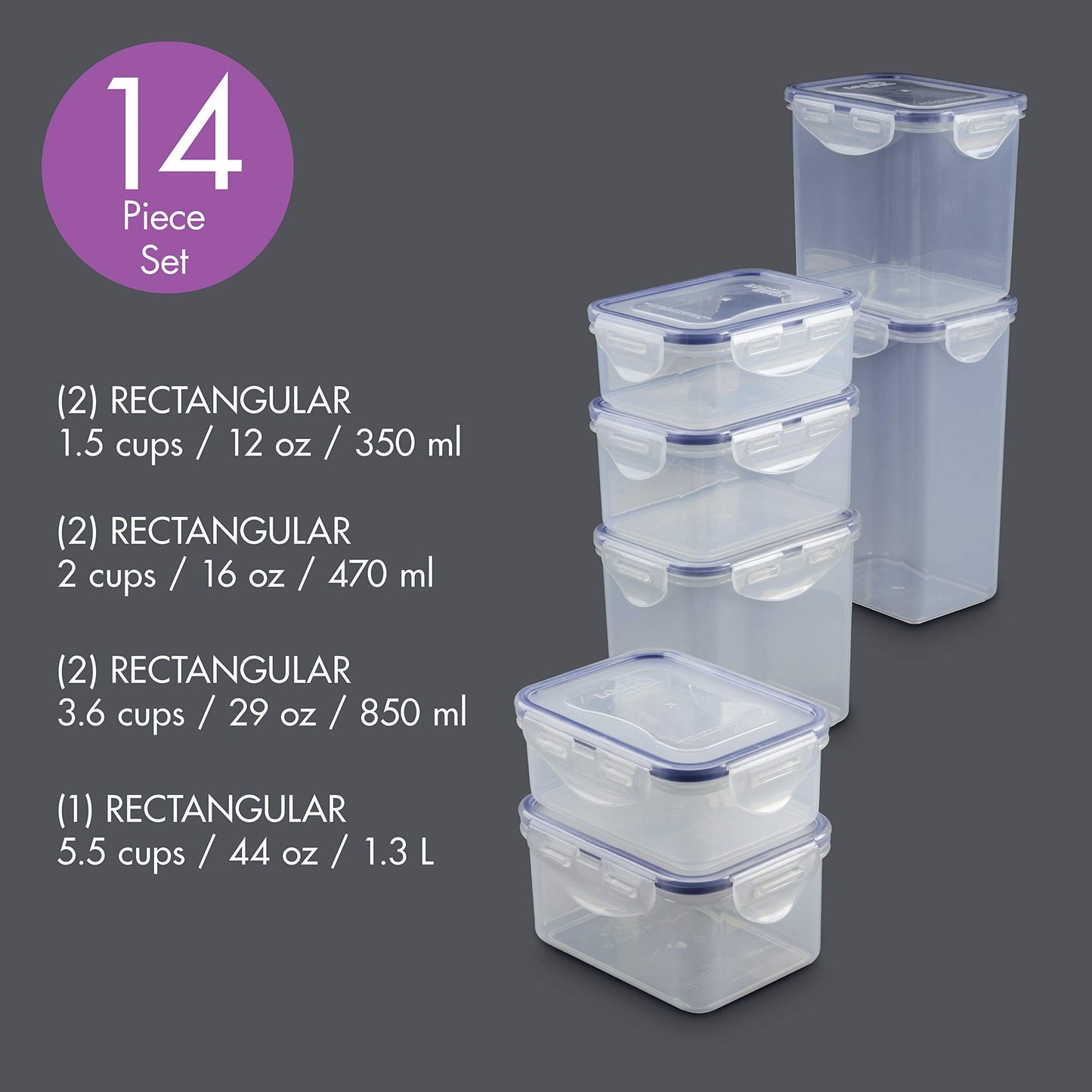 LOCK & LOCK Easy Essentials Food Storage lids/Airtight containers, BPA Free, 14 Piece - Tall Rectangle, Clear