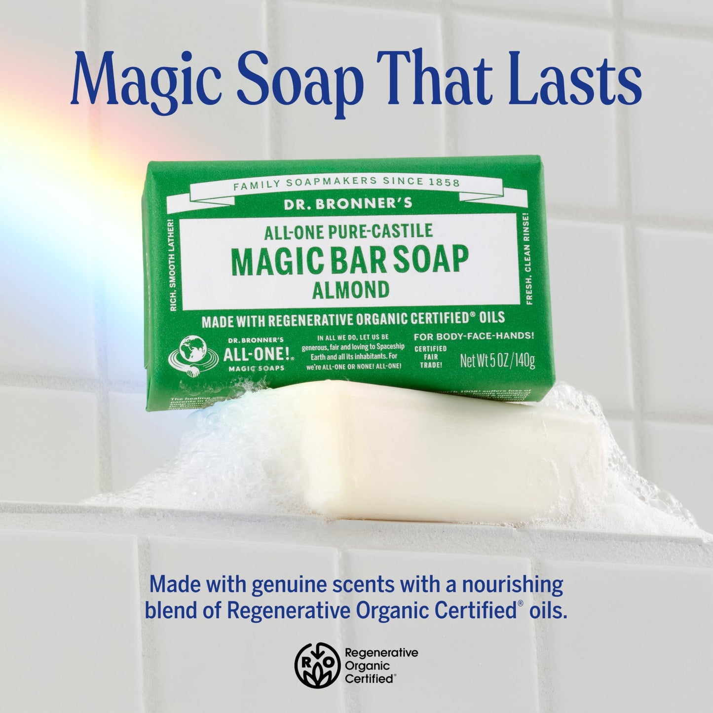 Dr. Bronner's Pure-Castile Magic Bar Soap - Made with Regenerative Organic Certified Oils - For Face, Body, Hair - Gentle Cleanse - Vegan Bath Soap