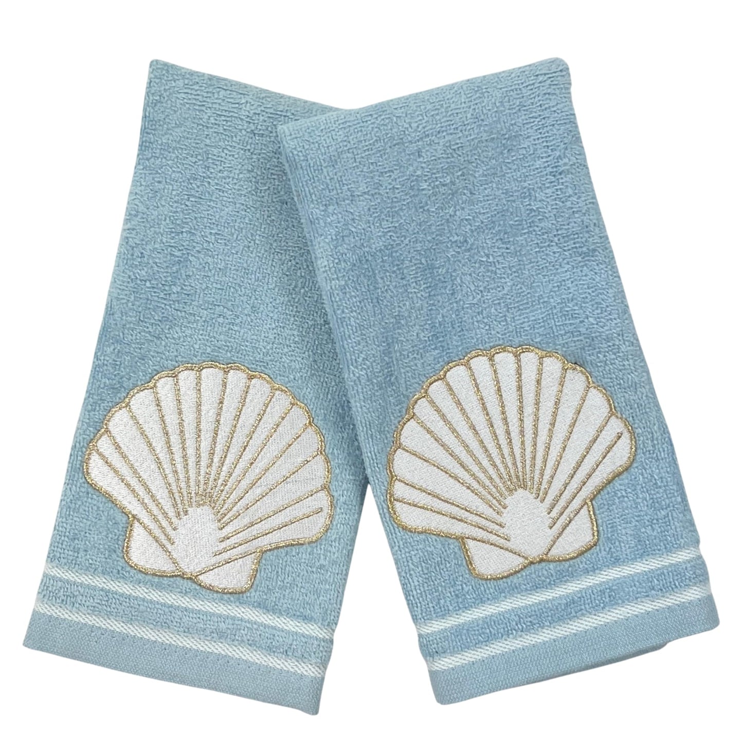 Coastal Bathroom Fingertip Towels - Set of 2 Light Blue 100% Cotton Embroidered Seashell with Gold Outline Design - 18 x 12” Decorative Bath…