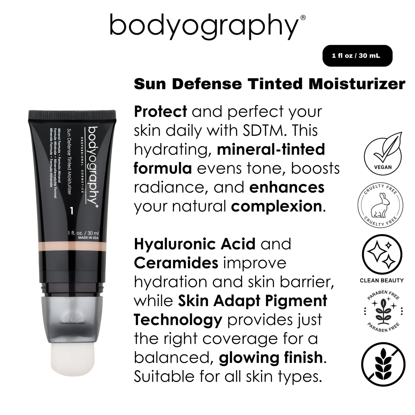 Bodyography Sun Defense Tinted Moisturizer, 1.5 oz | Lightweight SPF Tint with Hyaluronic Acid & Mineral Pigments | Hydrating, Vegan Sheer Coverage