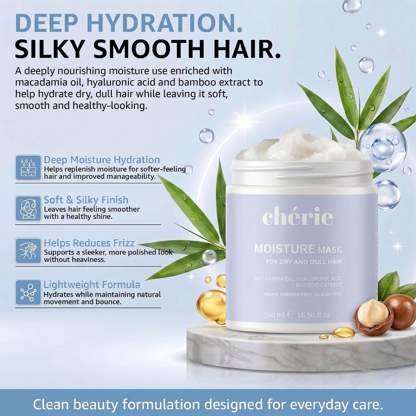 chérie Deep Conditioning Hair Mask with Macadamia Oil, Hyaluronic Acid & Bamboo Extract - Hydrating Hair Mask to Reduce Frizz & Breakage