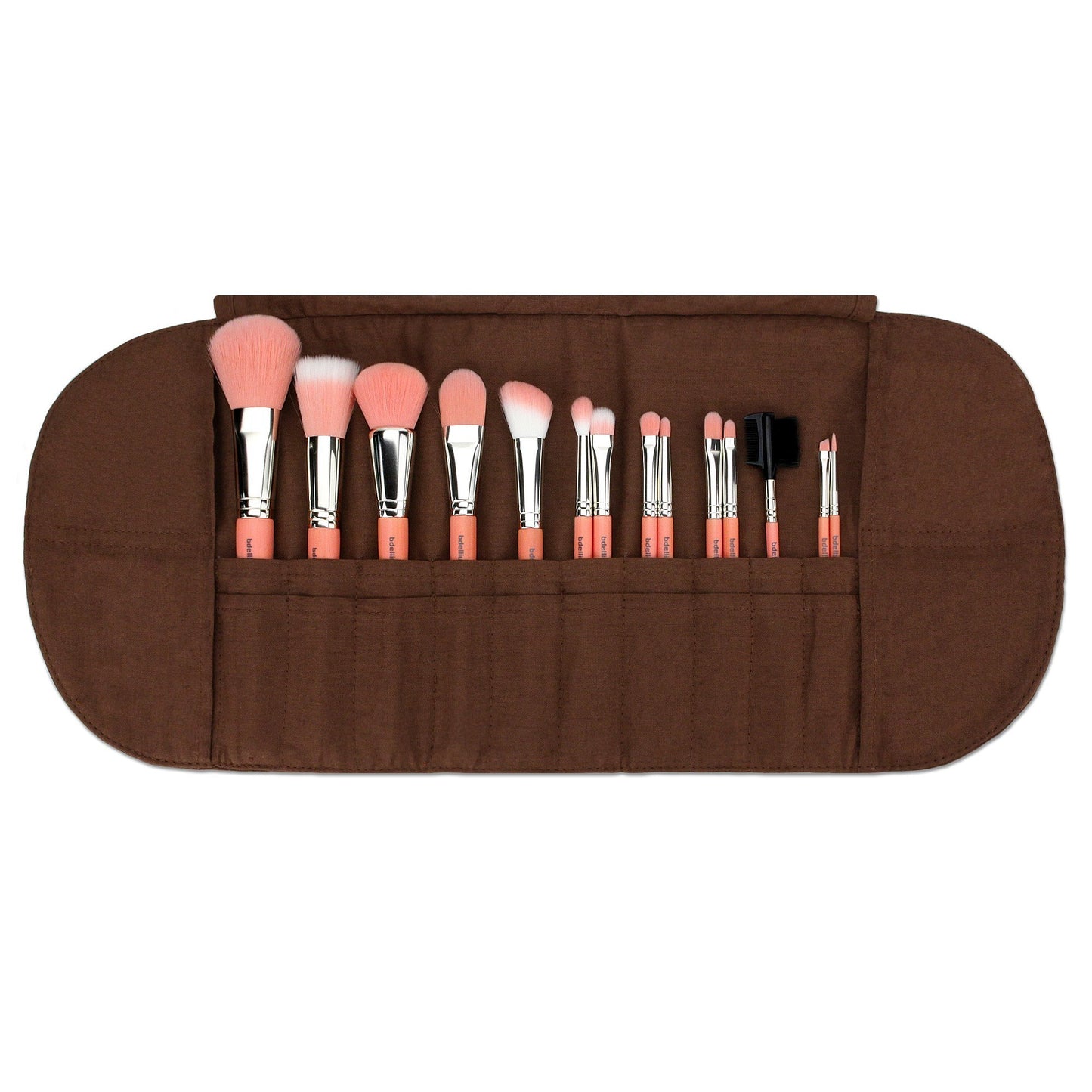 Bdellium Tools Professional Makeup Brush Pink Bambu Series - Complete 14pc. Brush Set with Roll-Up Pouch