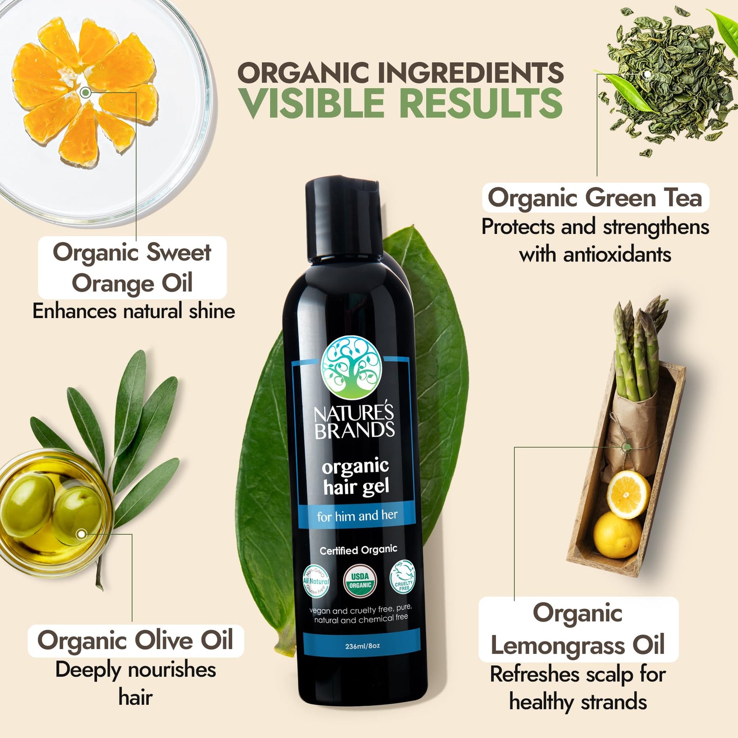 Nature’s Brand - Herbal Choice Mari Organic Hair Gel, 8 Oz - All-Day Hold for Curly & Straight Hair, Nourishing, Rosehip & Olive Oil Gel with Sweet