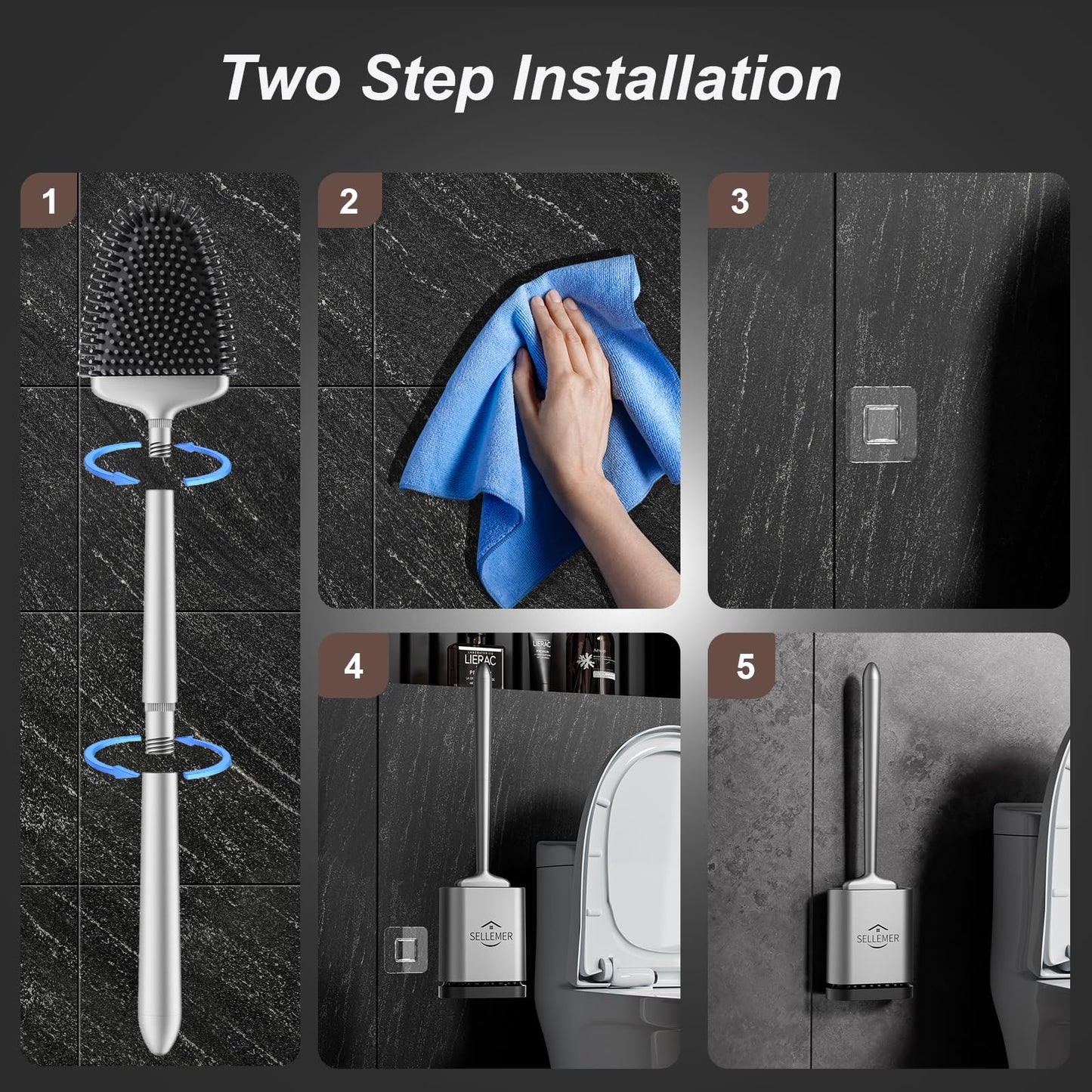 Sellemer Toilet Brush and Holder Set – Flexible Silicone Bristles, Compact Design with Ventilated Base – 1 Pack, Silver