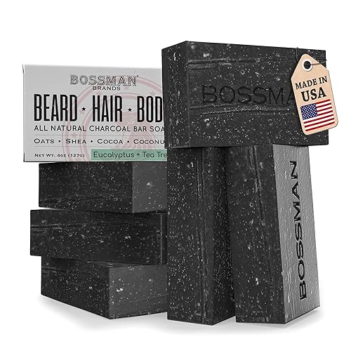 Bossman 6-Pack 4-in-1 Charcoal Soap Bar (4 oz) - Bar Soap for Men - All-Natural Beard Wash, Shampoo, Body Wash & Shaving Solution - Eucalyptus & Tea