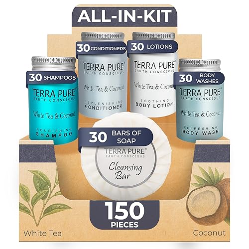 Terra Pure White Tea & Coconut Toiletries Set | 1-Shoppe Amenities Kit | 1oz Shampoo & Conditioner, Body Wash, Lotion, 1.25oz Bar Soap | Travel Size |