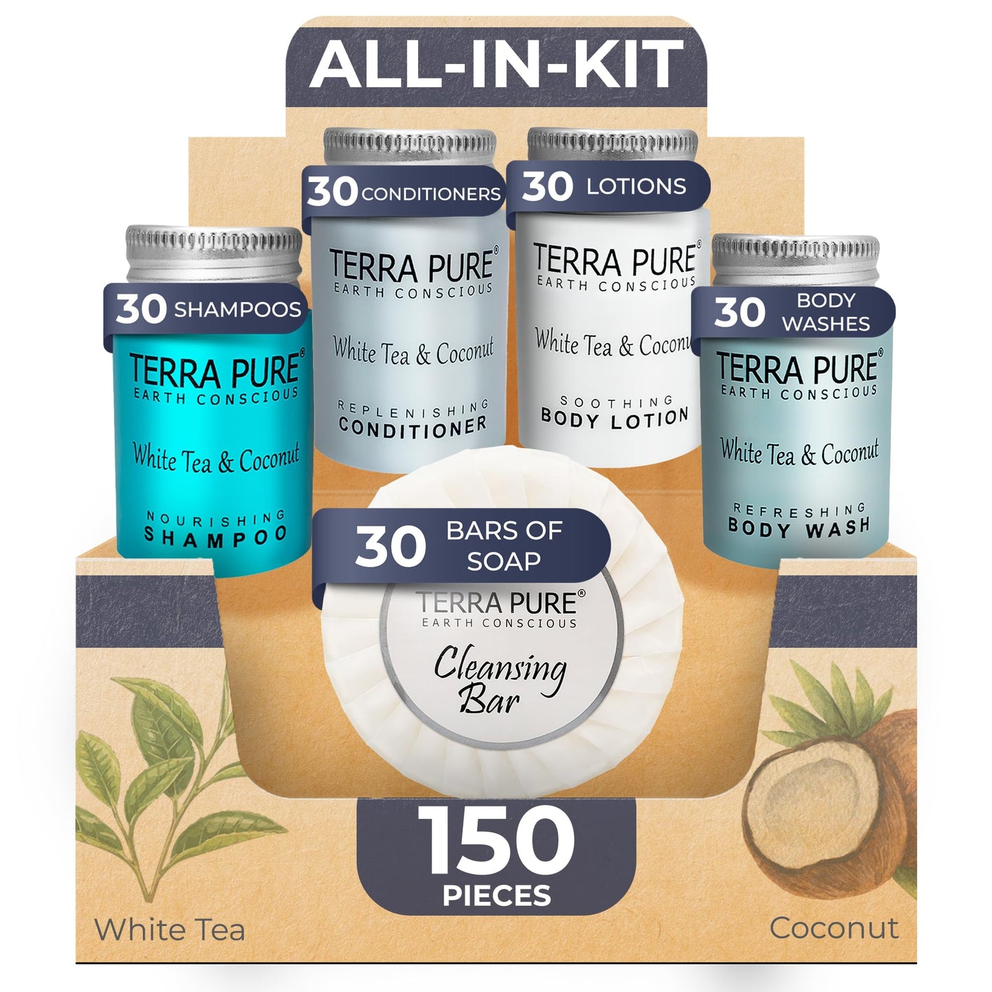 Terra Pure White Tea & Coconut Toiletries Set | 1-Shoppe Amenities Kit | 1oz Shampoo & Conditioner, Body Wash, Lotion, 1.25oz Bar Soap | Travel Size |