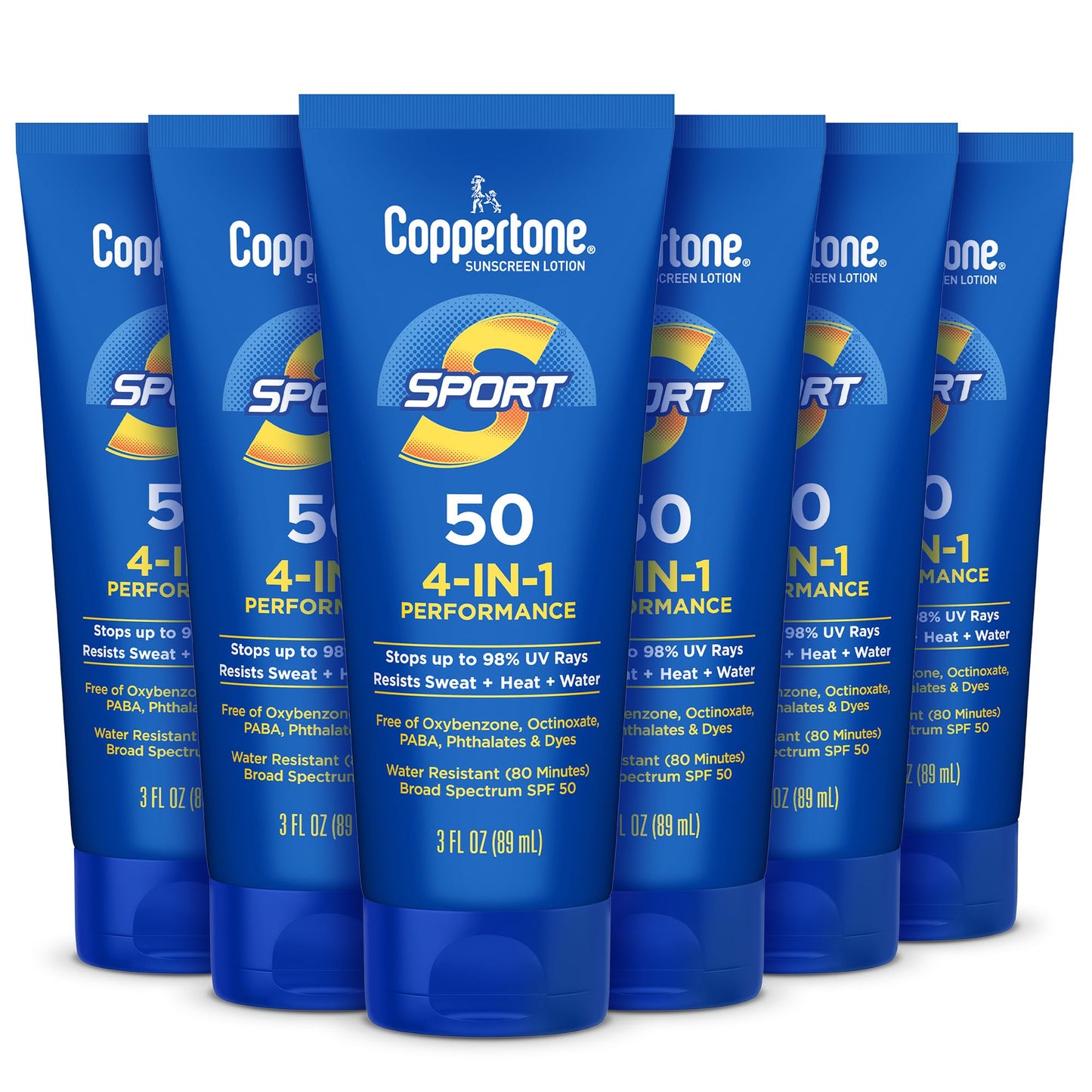 Coppertone Sport Sunscreen Lotion SPF 50, Sweat, Heat and Water Resistant Sunblock, Lightweight, Oxybenzone Free, Travel Size Sunscreen Bulk Pack, 3
