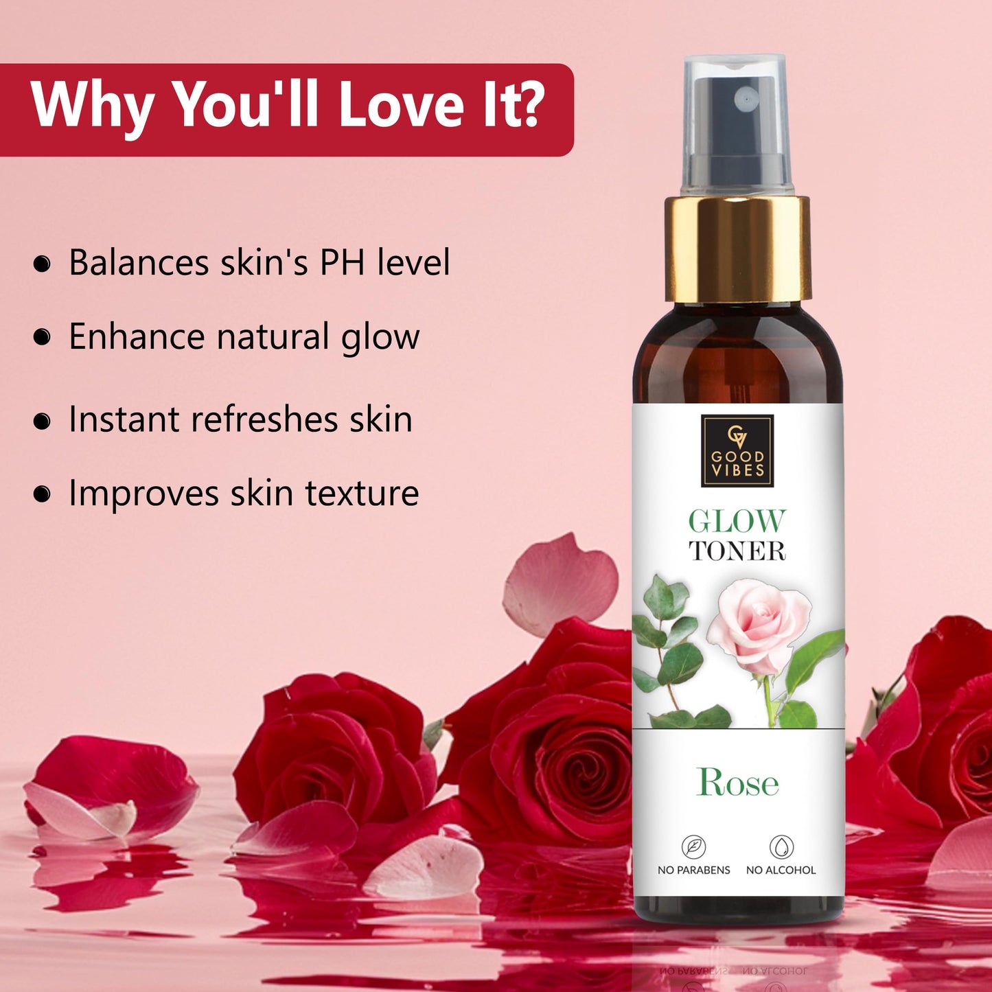 Good Vibes Rose Glow Face Toner Spray | Balances pH | Minimize Pores | Refreshing & Hydrating Facial Mist | Paraben & Alcohol Free | 4.06 Fl Oz/120ml