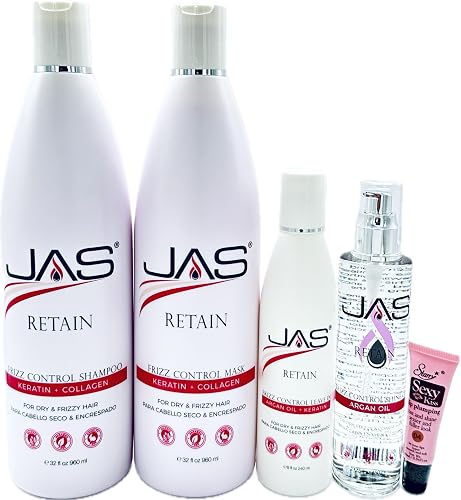 JAS Retain Port Treatment with Keratin + Collagen Shampoo 32 fl oz, Mask 32 fl oz, Leave in Cream 8 fl oz and Styling Serum with Vitamin E 5 fl oz