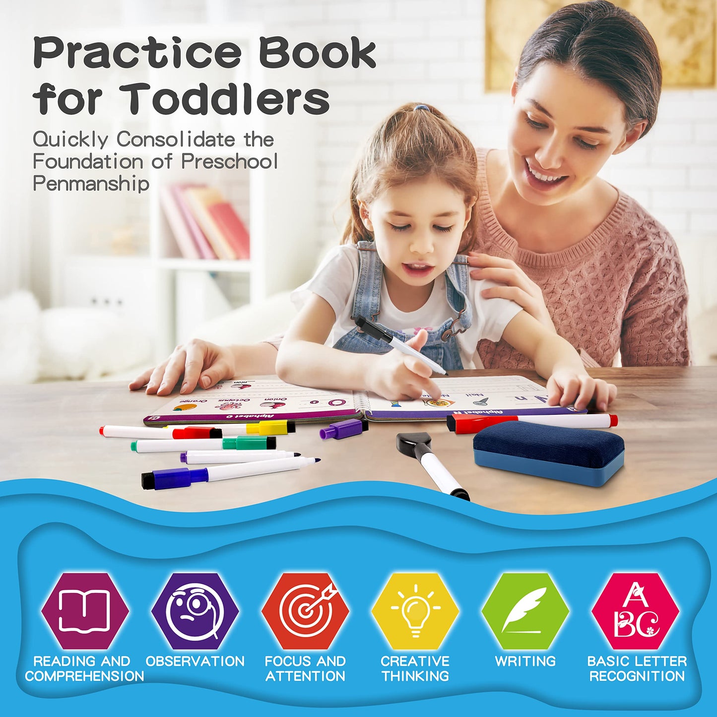 Handwriting Practice Book for Kids – 40-Page Montessori Learning Workbook for Letters, Numbers, Shapes & Sight Words with 8 Dry Erase Markers