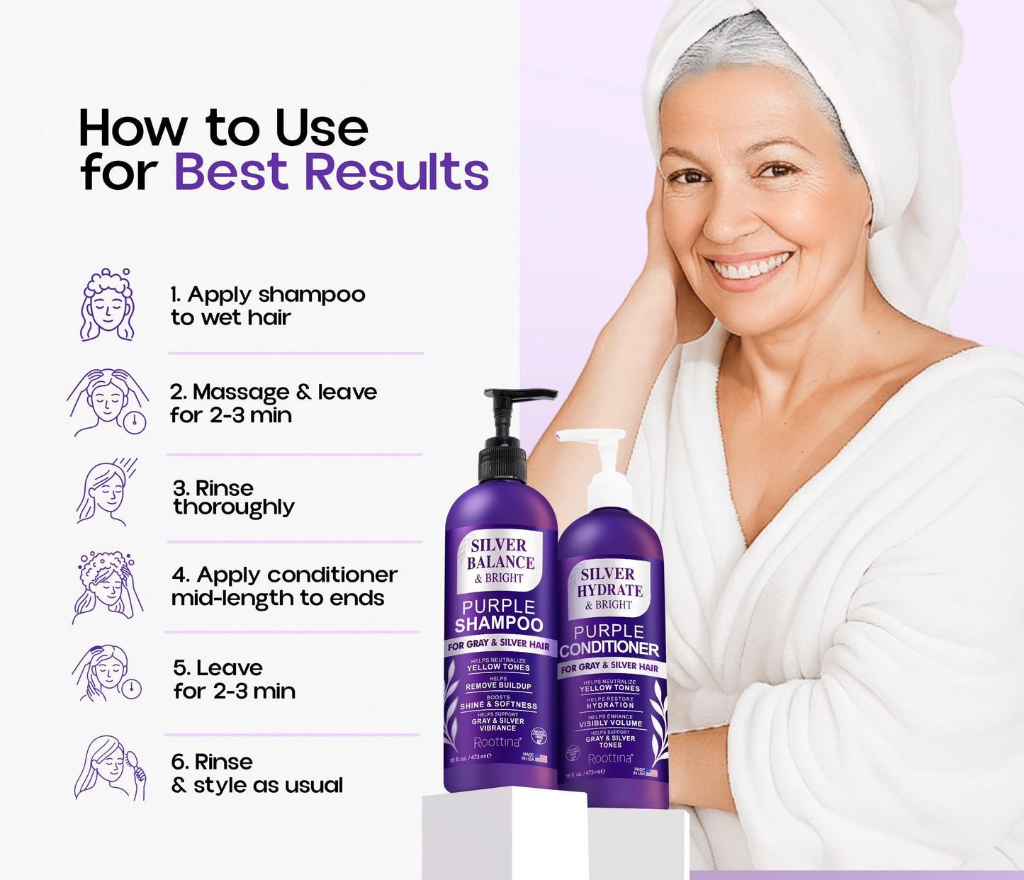 ROOTTINA Sulfate Free Brass Toning Purple Shampoo and Conditioner Set for Grey and Silver Hair, Moisturizing & Color-Safe, Enhances Shine