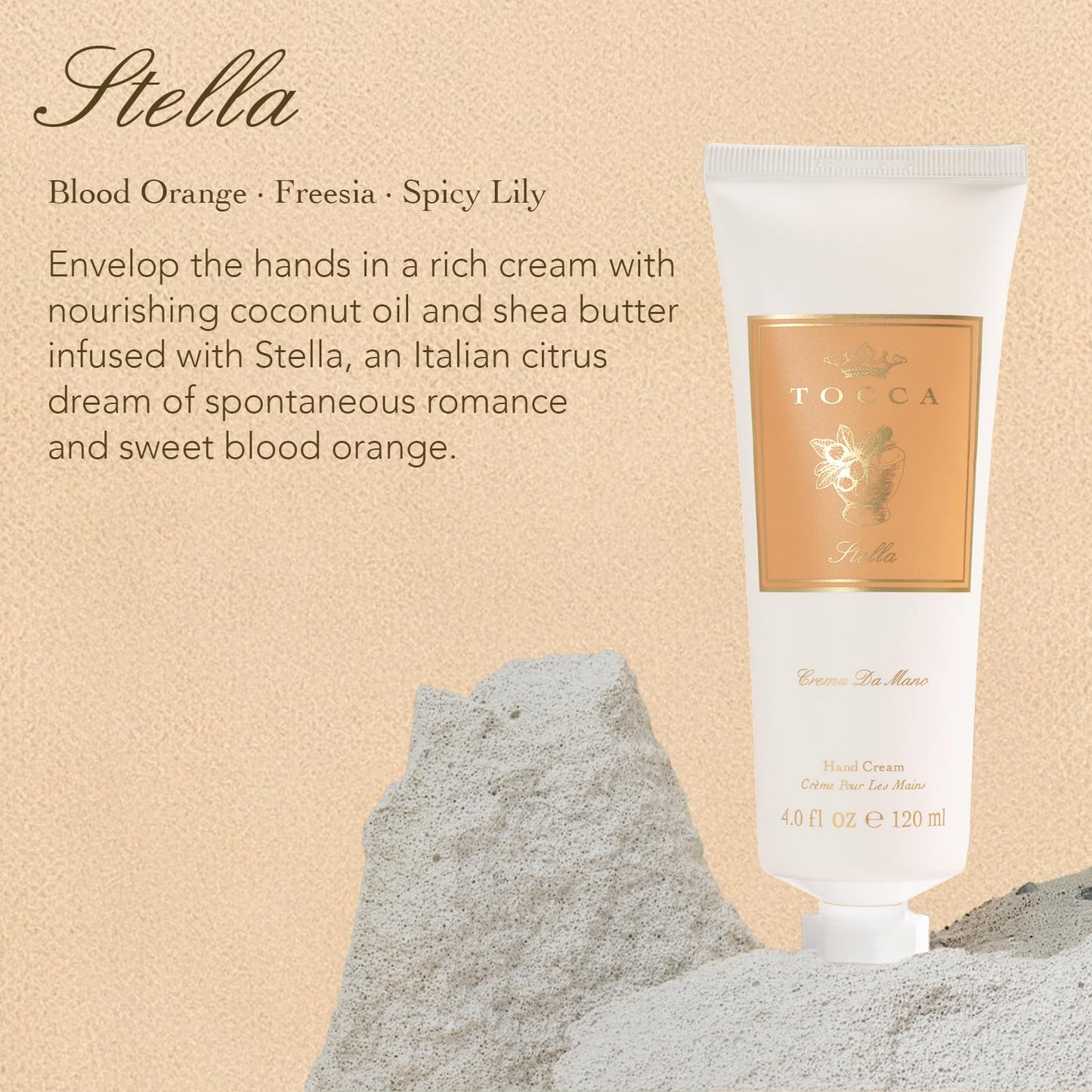 Tocca Crema de Mano Luxe, Stella Hand Cream, 4 oz - Blood Orange, Freesia, Spicy Lily - Moisturizing, Quick Absorbing
