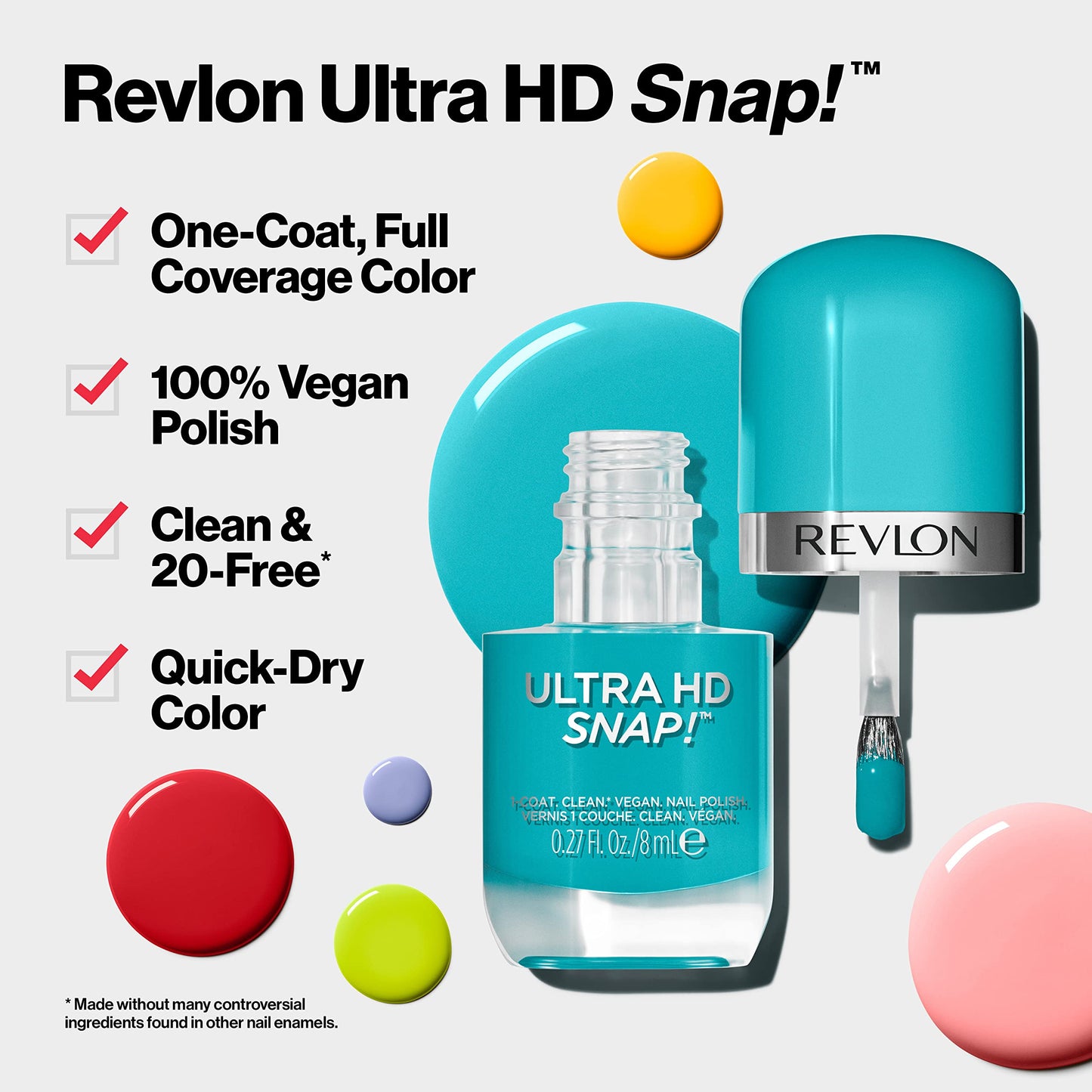 REVLON Ultra HD Snap Nail Color, Natural Rich Glossy Polish, 100% Vegan Formula, No Base or Top Coat Needed, 014 Red and Real, 0.27 fl oz