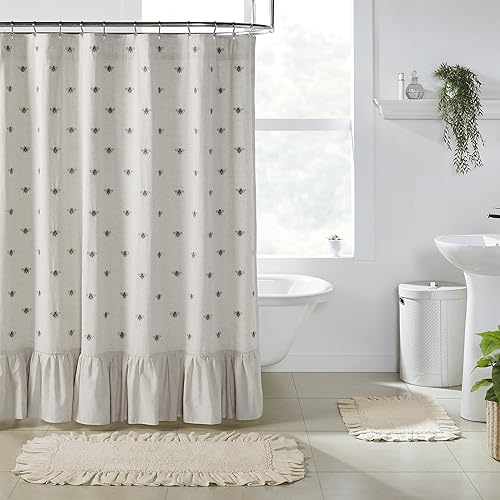 VHC Brands Embroidered Bee, Farmhouse Bathroom Shower Curtain, Ruffled, Creme Yellow Grey, 72x73