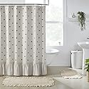 VHC Brands Embroidered Bee, Farmhouse Bathroom Shower Curtain, Ruffled, Creme Yellow Grey, 72x73
