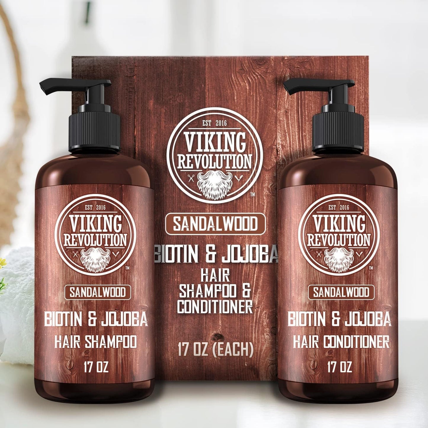 Viking Revolution Sandalwood Shampoo and Conditioner Set with Biotin and Jojoba Oil - Natural Hair Shampoo and Hair Conditioner for Men with Vitamin