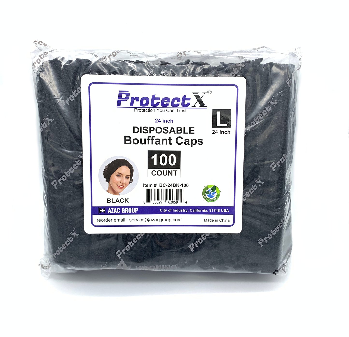 ProtectX 100-Pack Black Disposable Hair Nets, Elastic Head Cover, Bouffant Caps, Sanitation Head Cover for Food Service, Spa Men & Women - 24 inch