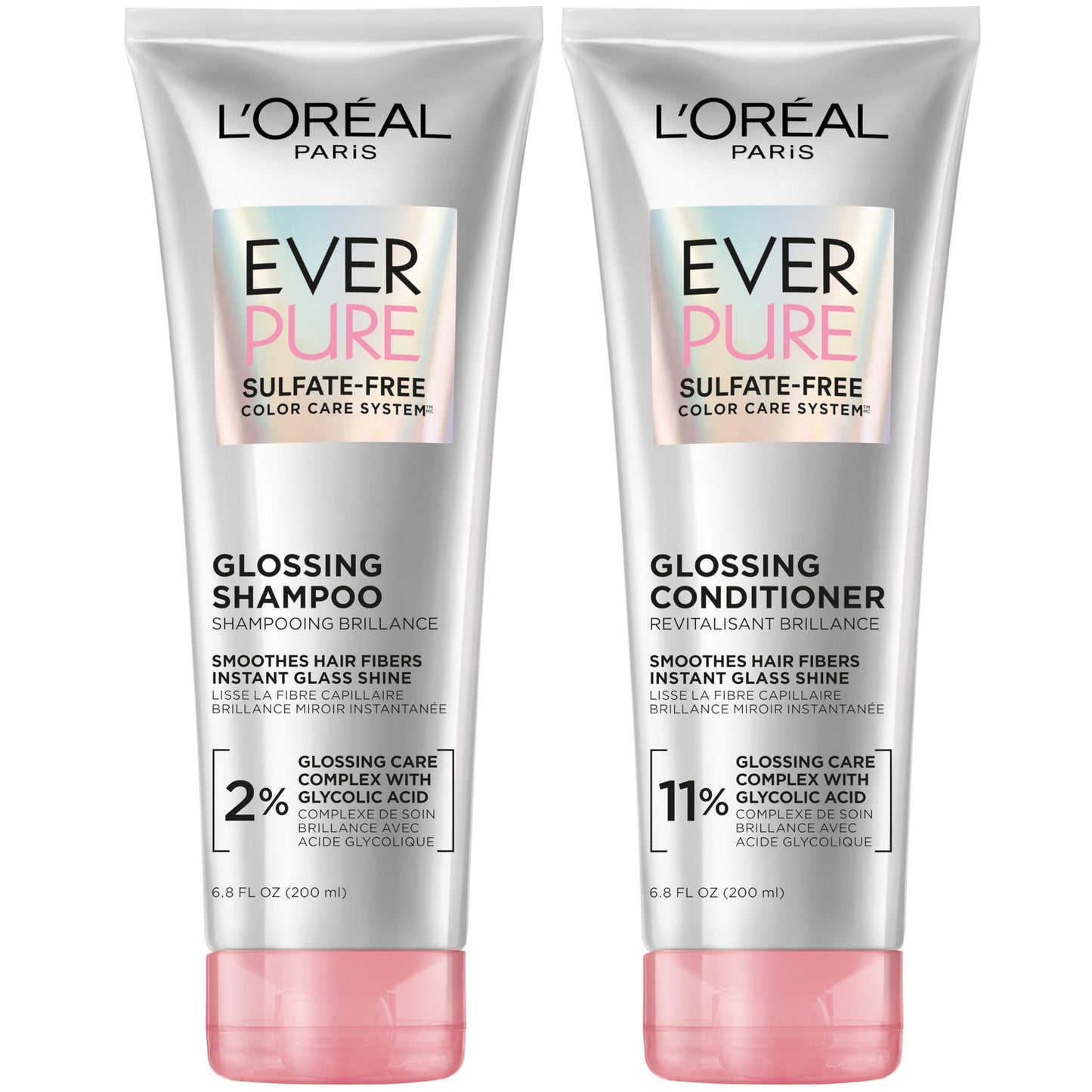 L’Oreal Paris Sulfate Free Glossing Shampoo and Conditioner Set with Glycolic Acid, Provides Intense Glass Shine & Smoothness, Suitable for Dull, Dry