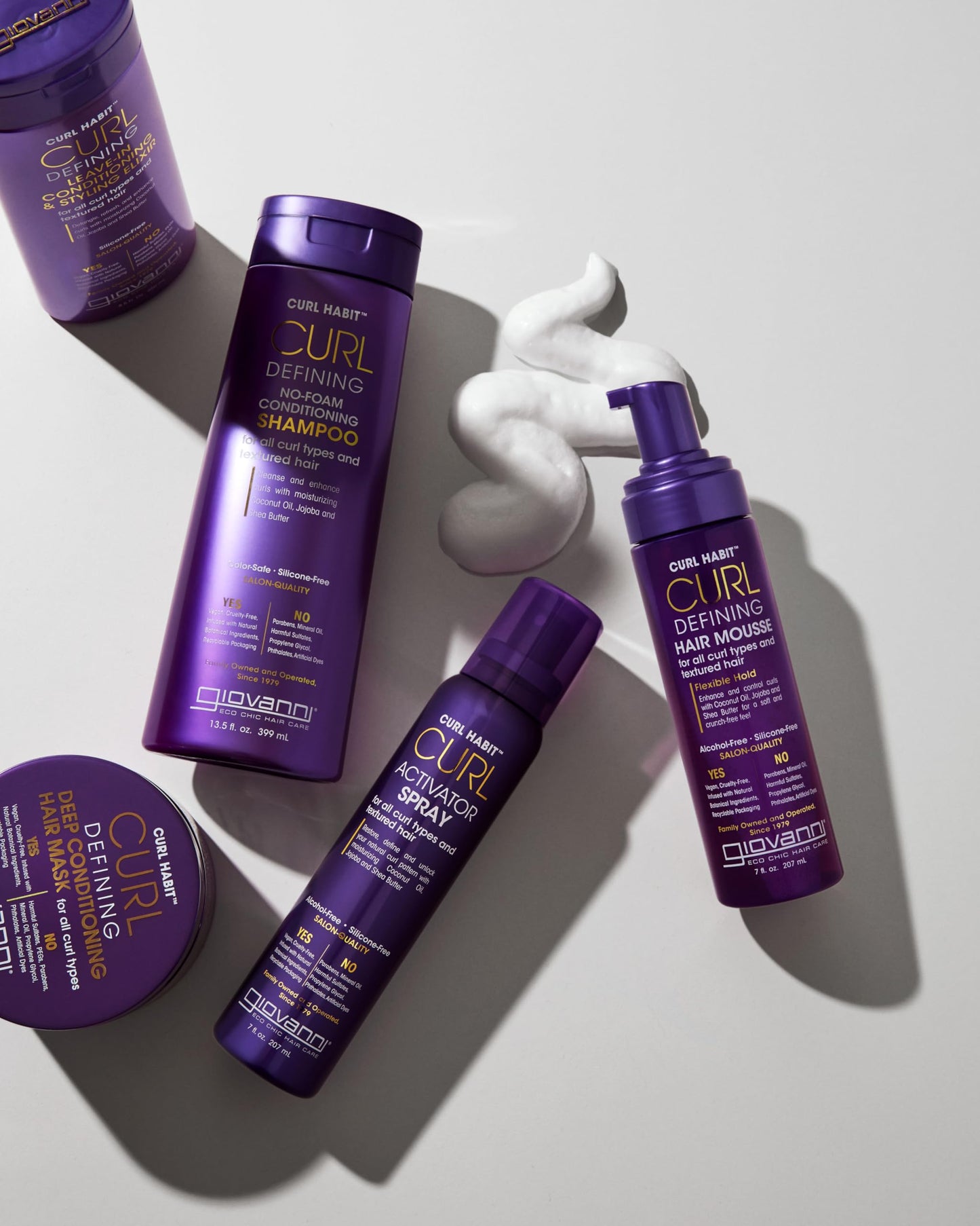 GIOVANNI Curl Habit Trio - Curly Hair Shampoo, Conditioner, & Mousse, Foaming Texture for Curls & Wavy Hair, Enhance Curls with Coconut Oil, Jojoba