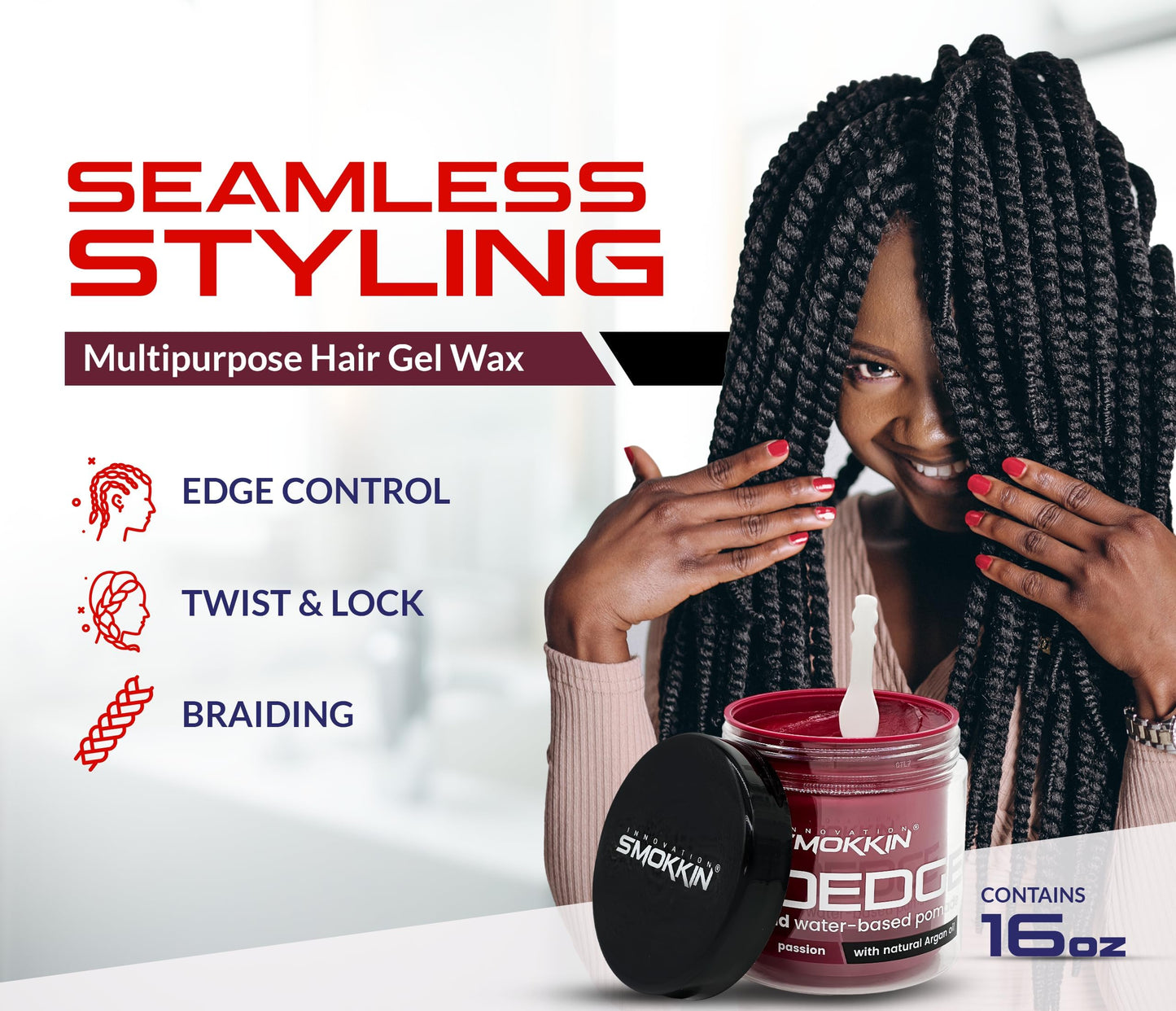 Smokkin Pro Edge Hair Styling Gel Alcohol-Free, Water-Based Pomade with Strong Hold & Argan Oil No Flakes, Edge Control, Twist & Braid Gel for Men