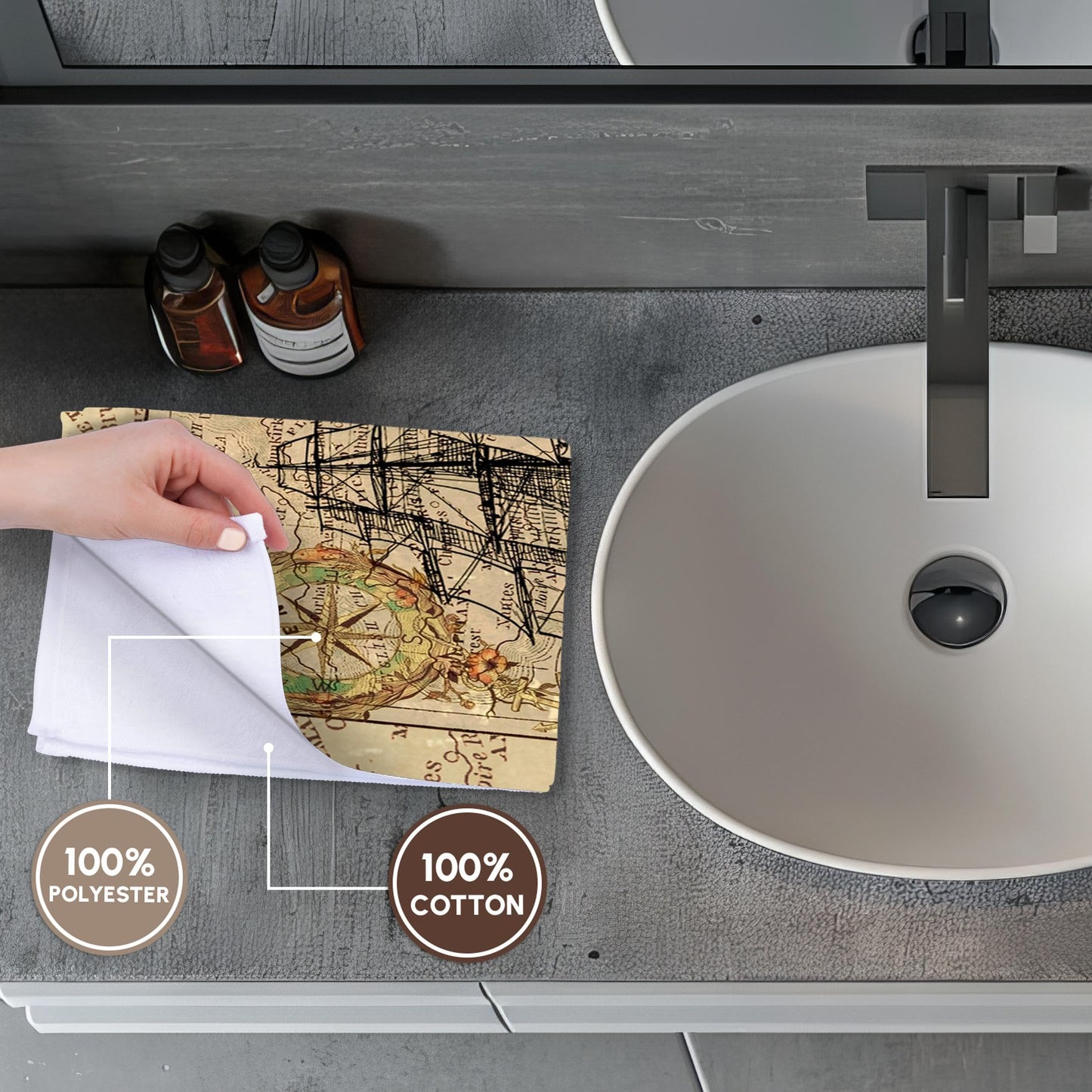 3D Rose TWL_243834_1 "Image of Black Ghost Ship On Vintage European Map Towel, 15" x 22"