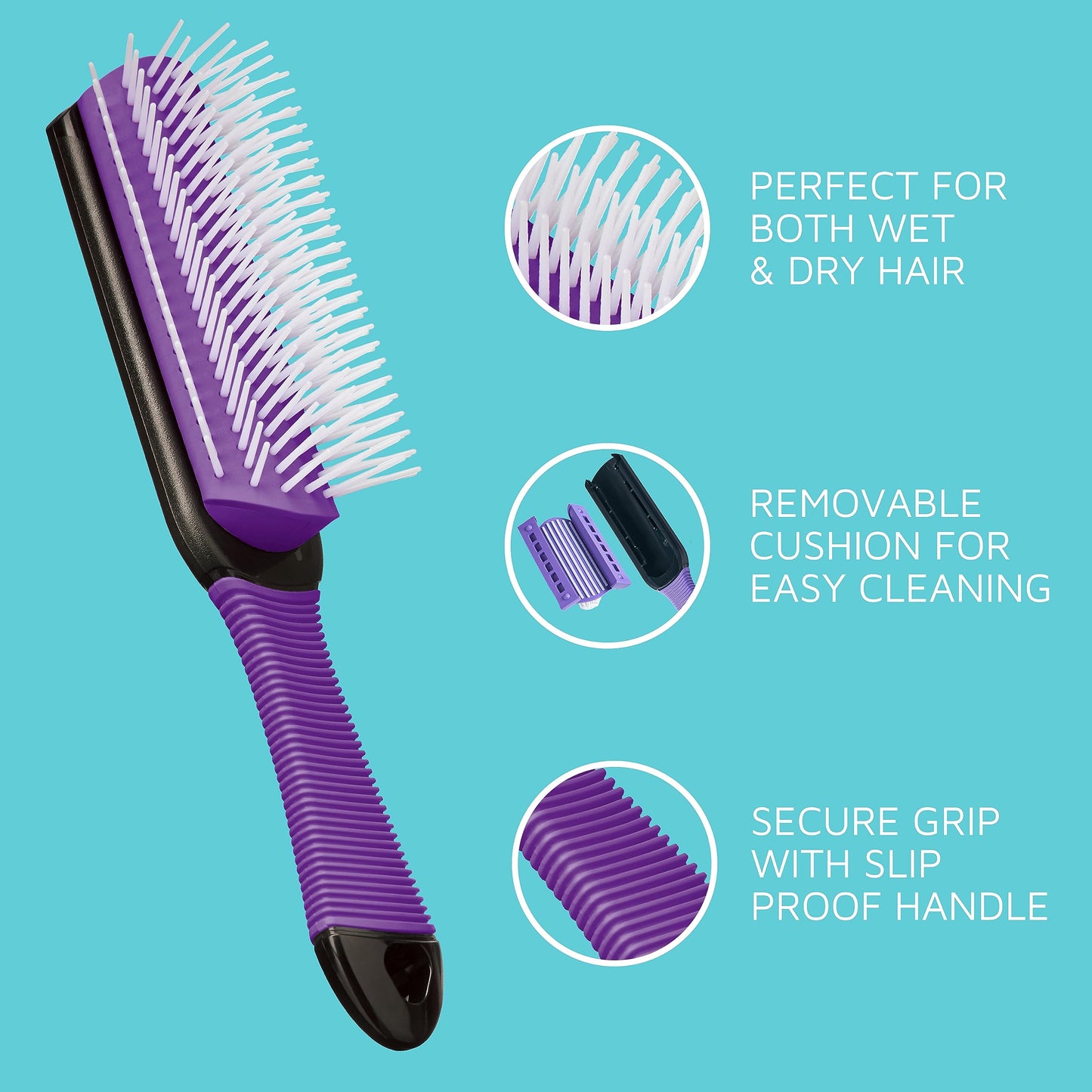 KISS Colors&Care 7 Row Non-Slip Detangling Hair Brush,Removable Cushion For Cleaning,Slip-Proof Handle For Sturdy Grip ,Detangles Without Pulling or