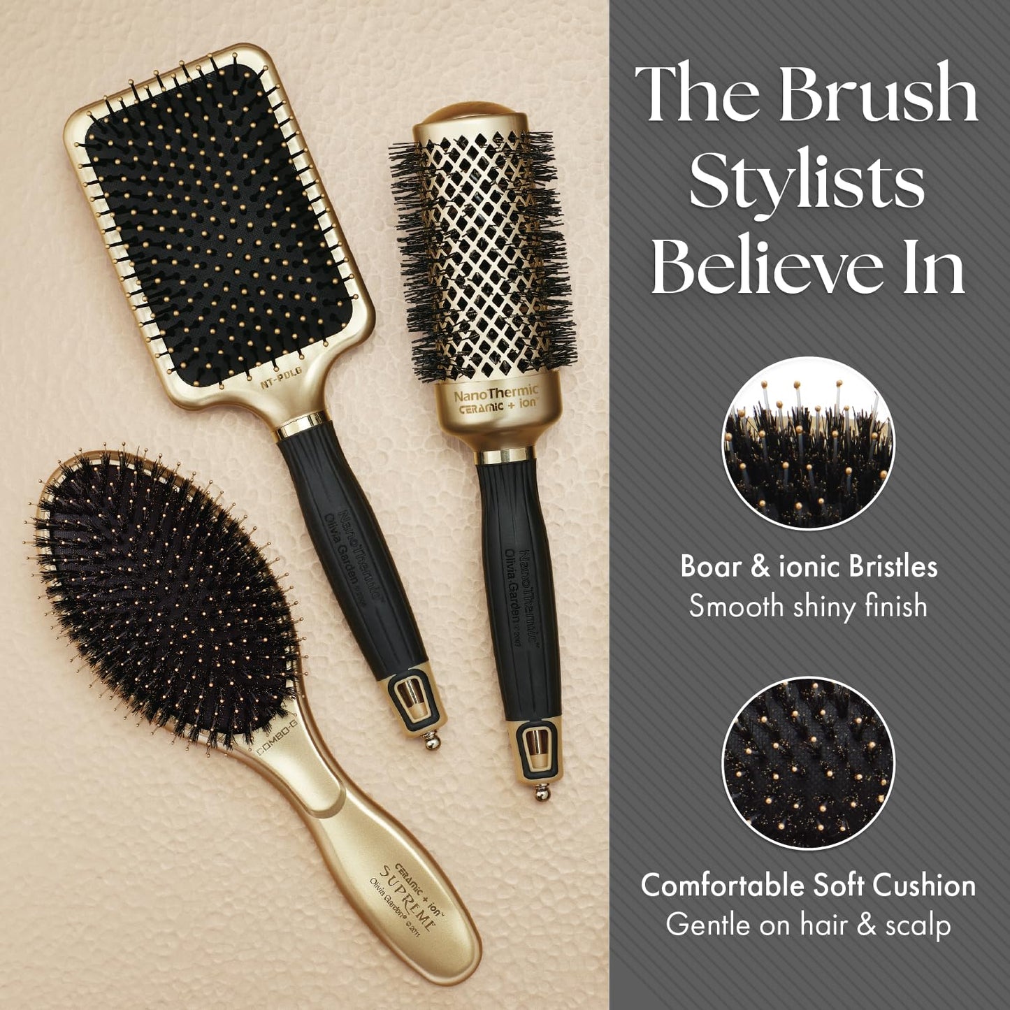 Olivia Garden Ceramic + Ion Supreme Styler Cushion Paddle Brush - Boar & Ionic for Shine, Frizz Control & Smoother Hair - Boar and Ionic Bristles