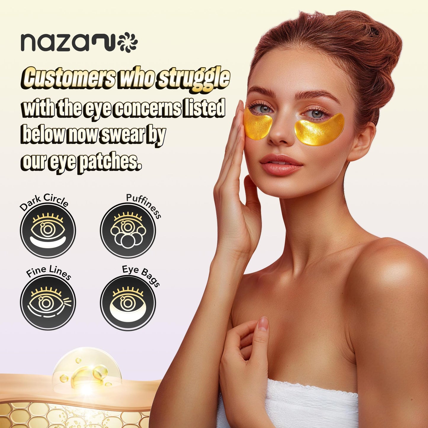 NAZANO 24K Gold Under Eye Patches - 60 Pack for Puffy Eyes, Dark Circles, Bags & Wrinkles with Collagen & Hyaluronic Acid - Eye Care Pads for Daily