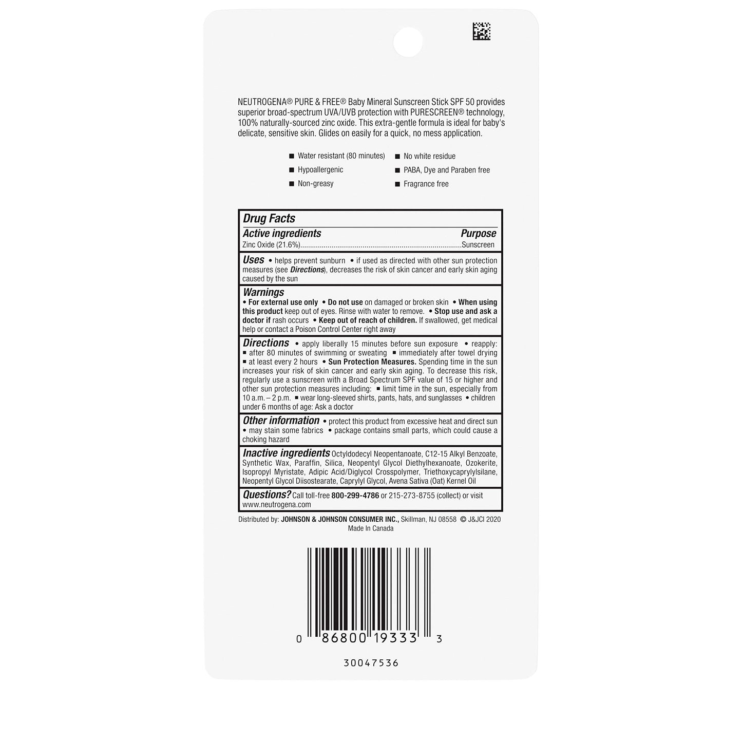 Neutrogena Pure & Free Baby Mineral Sunscreen Stick with Broad Spectrum SPF 50 & Zinc Oxide, Water-Resistant, Hypoallergenic, Paraben-, Dye-