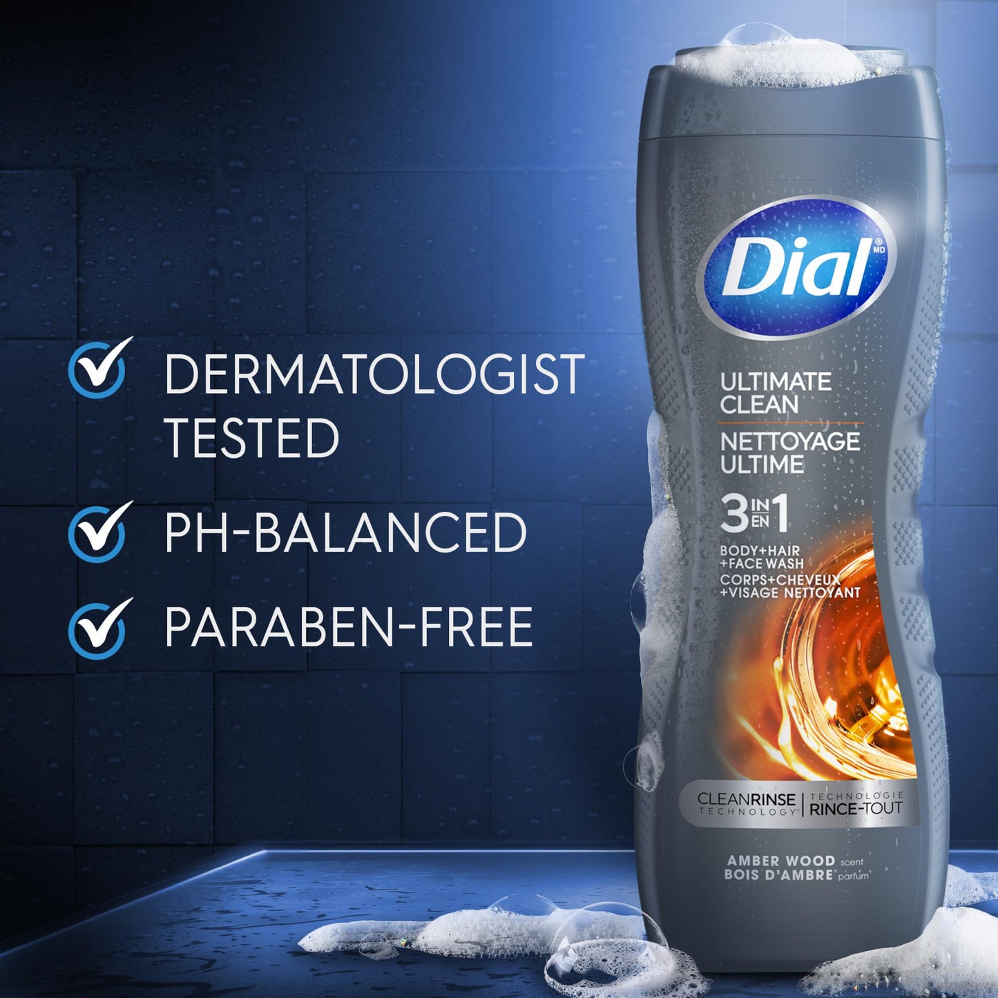 Dial Men 3 in 1 Body, Hair and Face Wash, Ultimate Clean, 16 Fl Oz, Pack of 4, Amber Woods Scent, Cleanses Deep + Gentle on Skin with Clean Rinse Beauty & Personal Care Dial